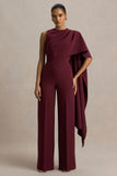Sorenia Burgundy High Neck Jumpsuit With One Cape Sleeve