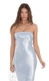 Strapless Satin Open Back Maxi Dress in Light Blue