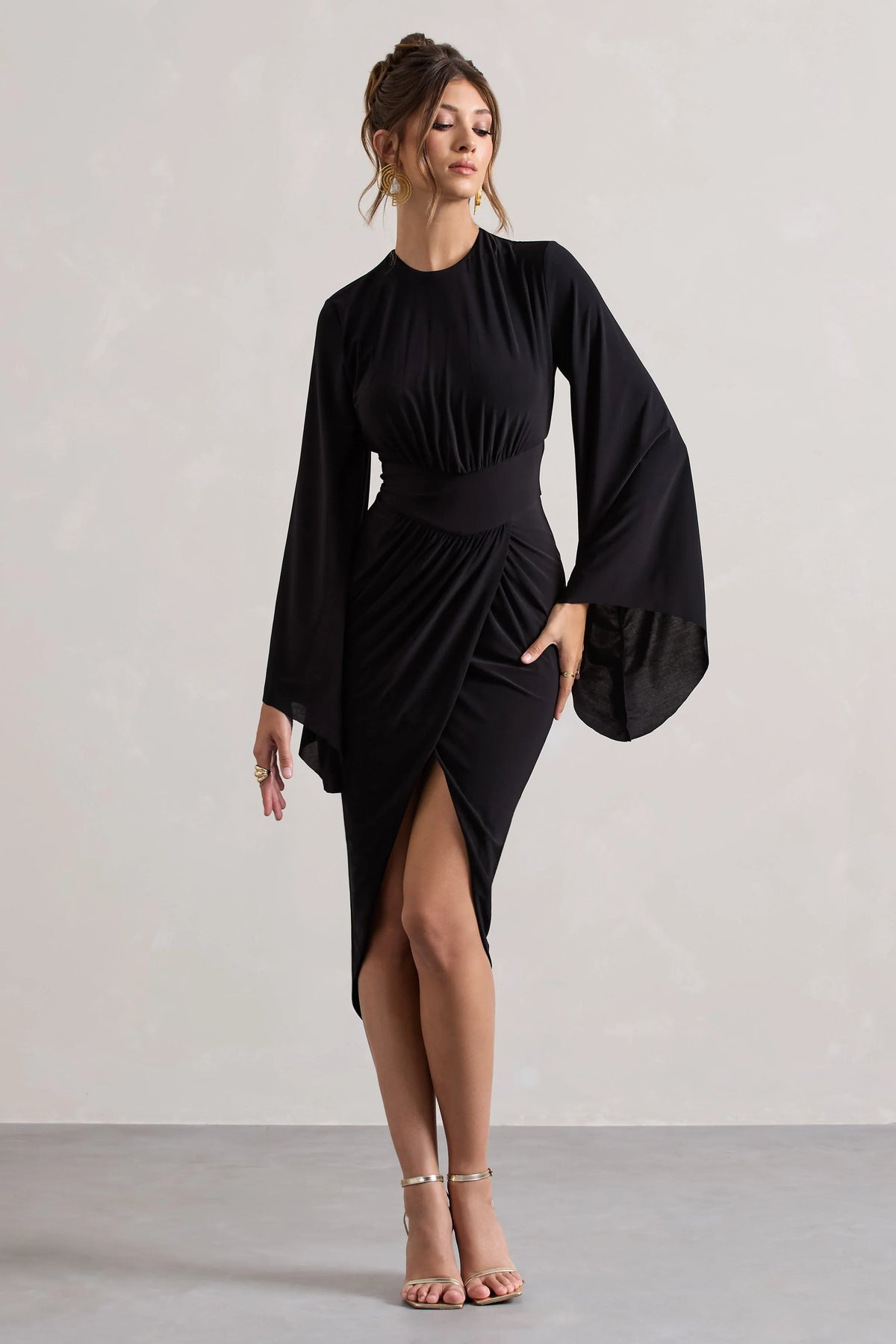 Lennox Black Drape Sleeve Gathered Midi Dress