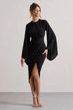 Lennox Black Drape Sleeve Gathered Midi Dress