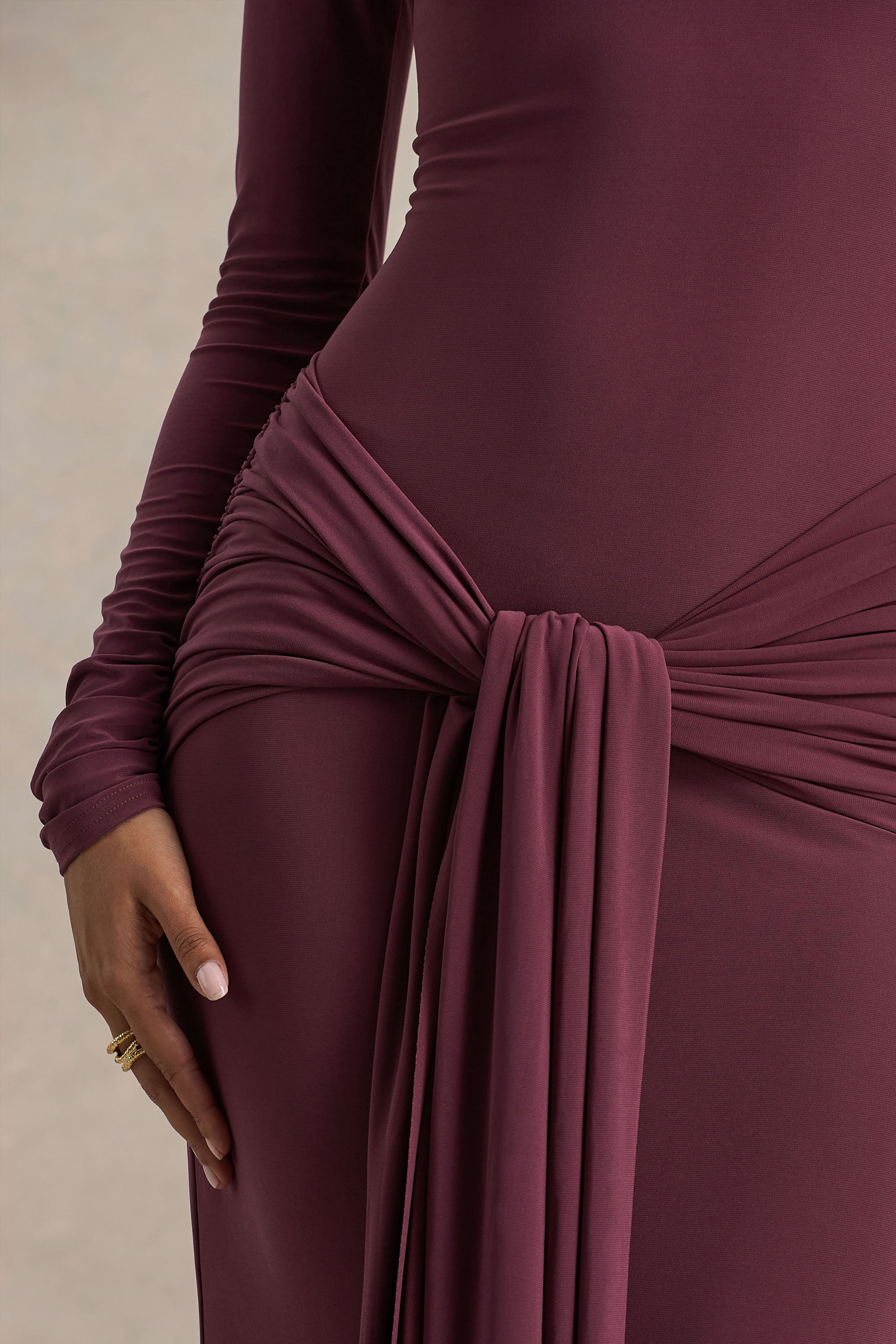 Myra Burgundy High Neck Maxi Dress With Sash and Ruched Detailing
