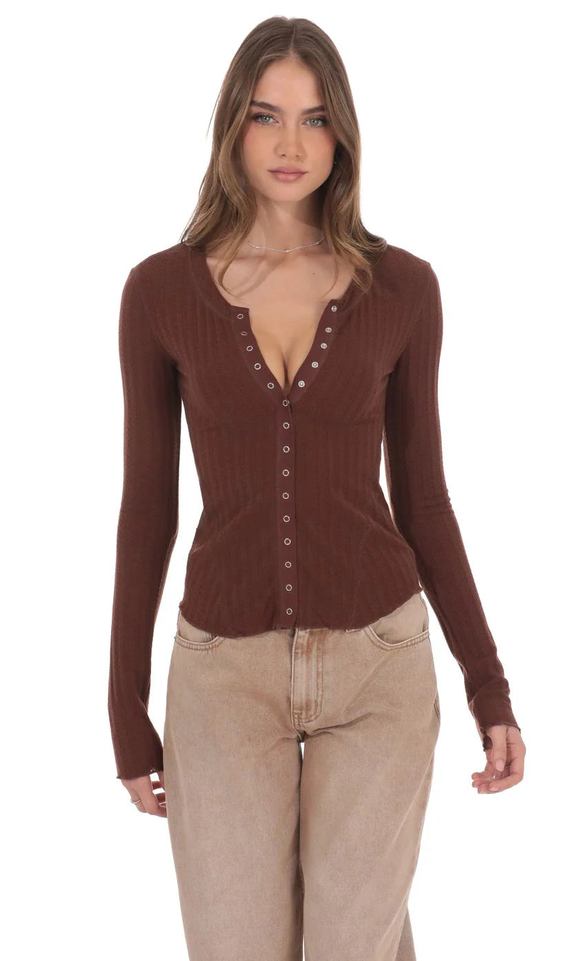 Textured Ribbed Button Top in Brown
