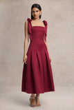 Alberta Burgundy Satin Square Neck Midi Dress With Bow Straps