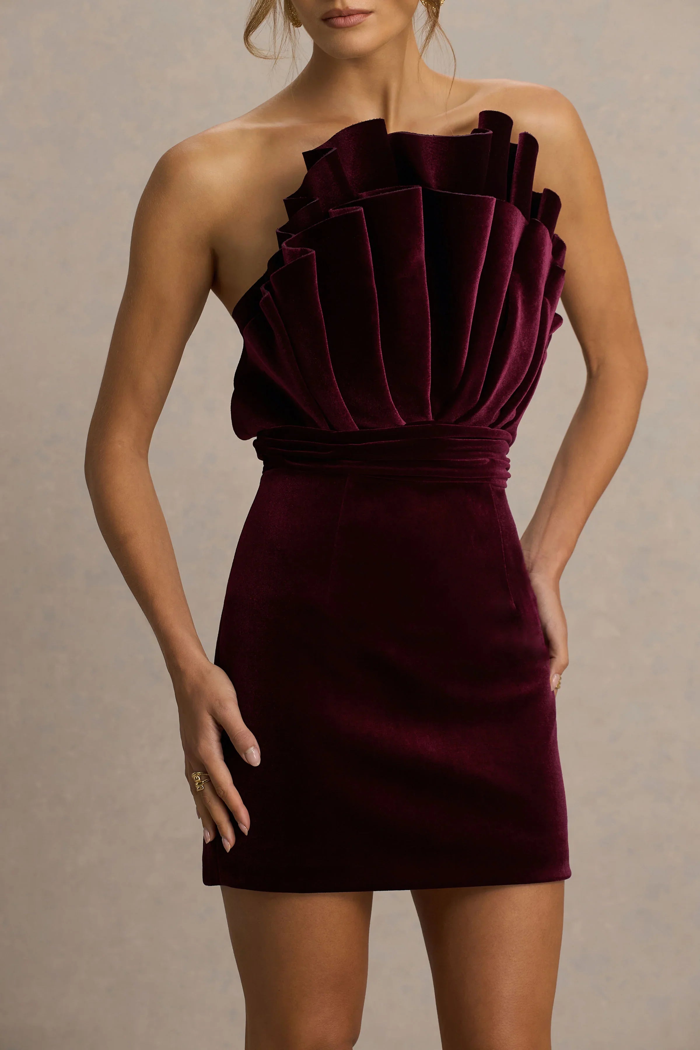 Polly Burgundy Velvet Ruffled Strapless Mini Dress