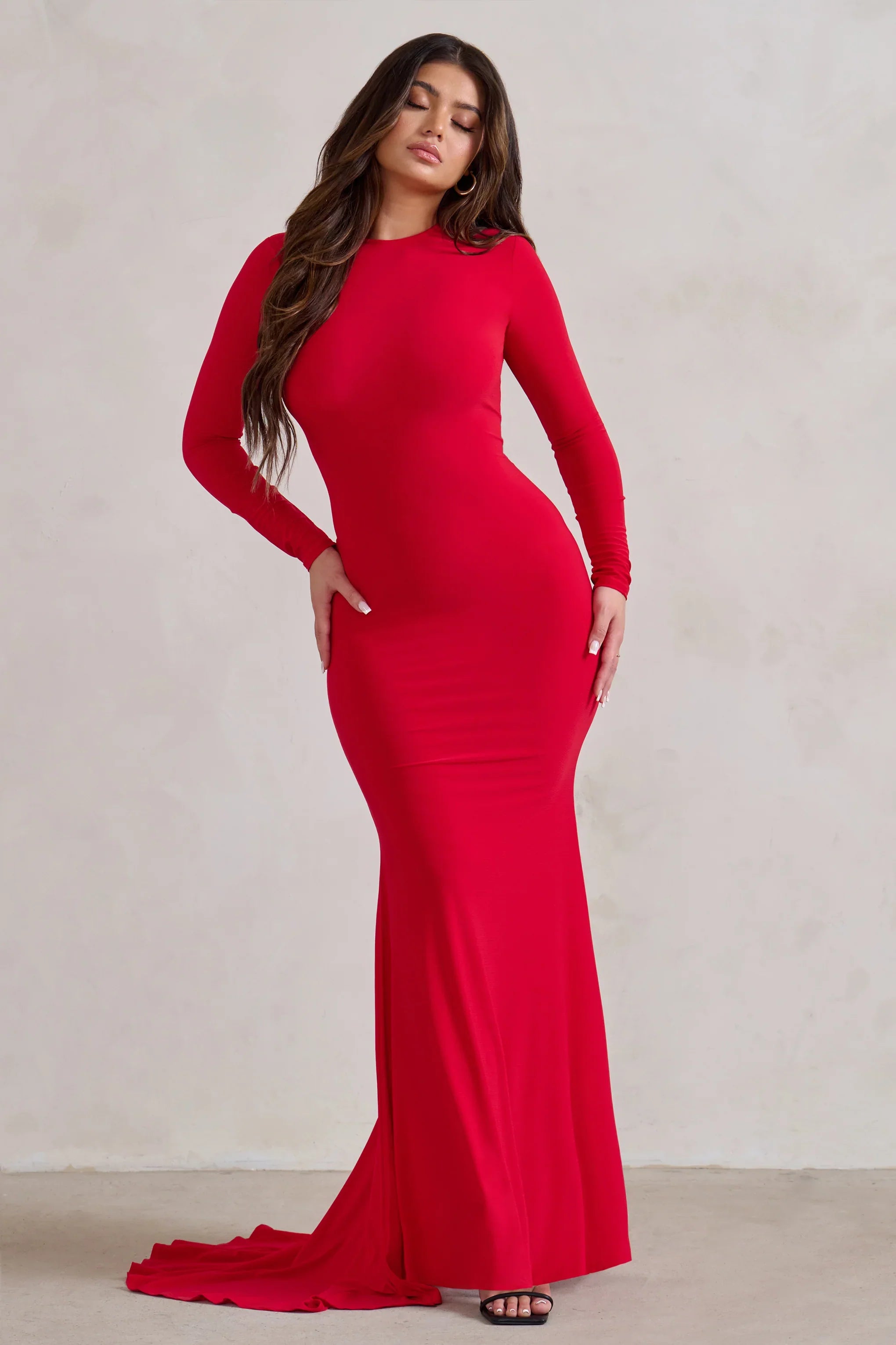 One Step Ahead Red Long Sleeve Backless Fishtail Maxi Dress