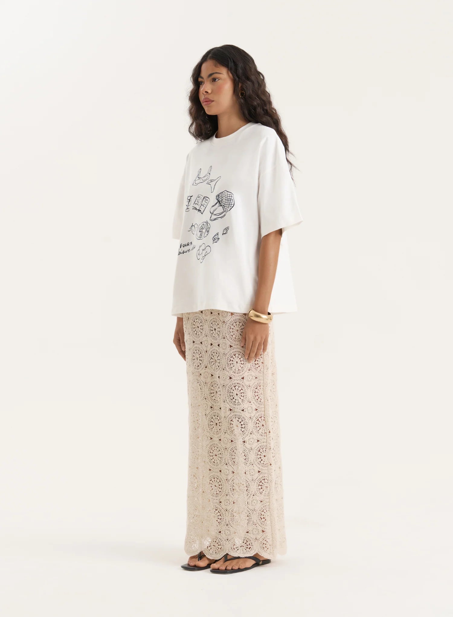 Cream Illustration Print Oversized T Shirt