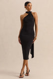 Devinae Black Asymmetric Neck Midi Dress With Open Back And Scarf Detail