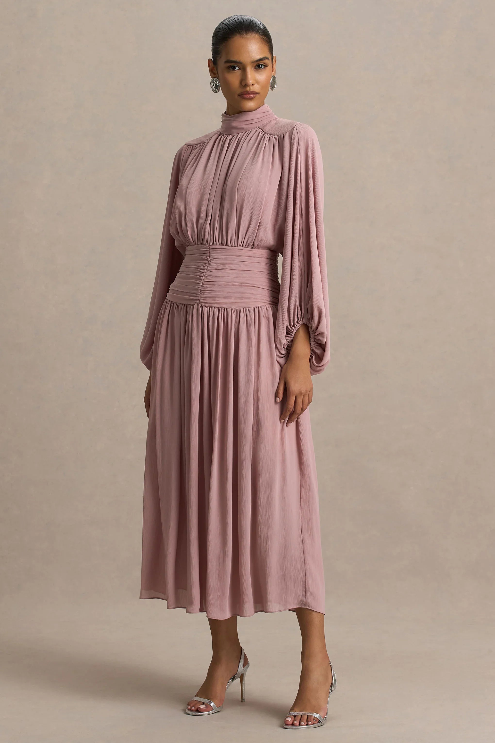 Annabel Dusty Pink High Neck Midi Dress With Drop Waist And Pleated Detailing