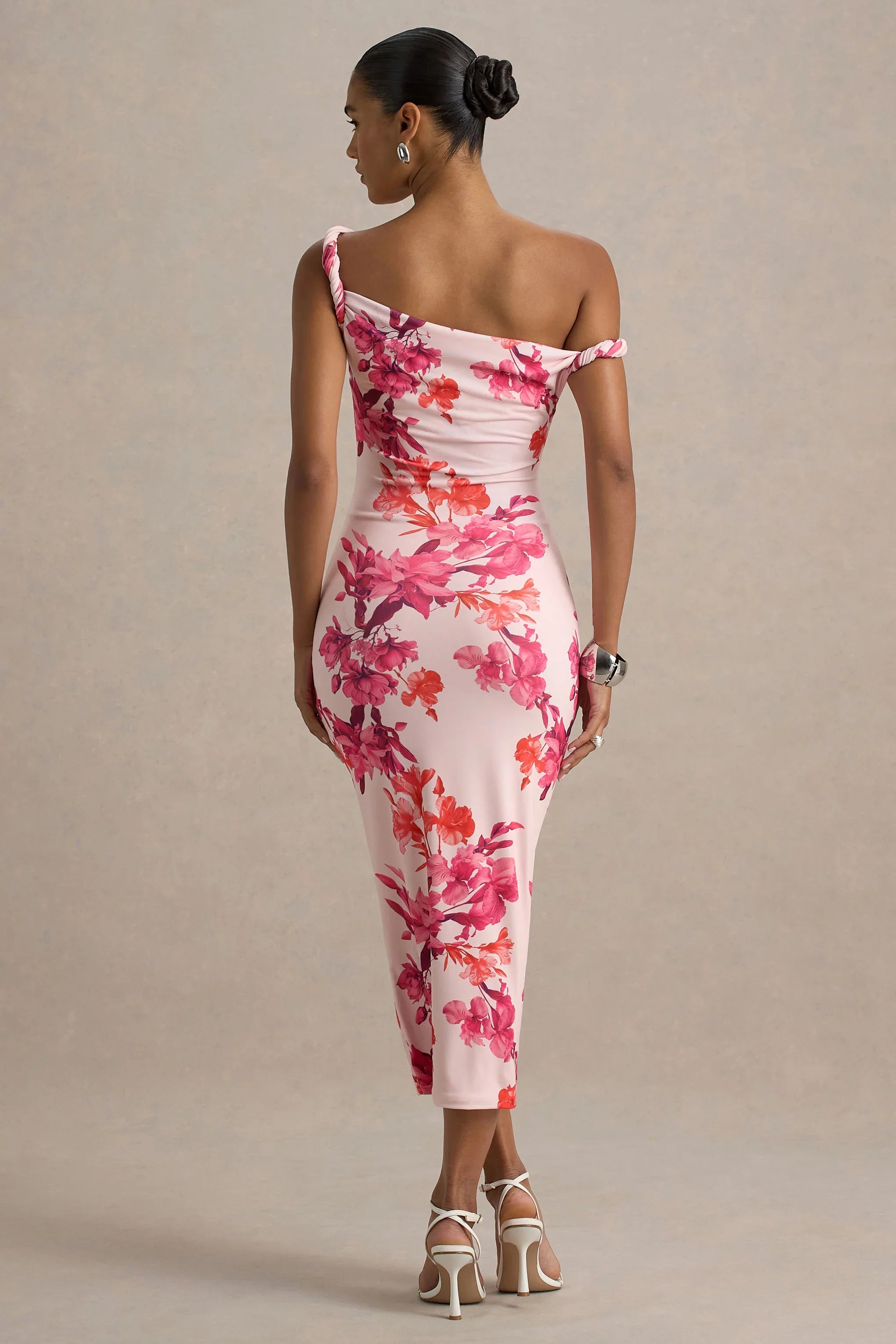 Tatian Pink and Orange Floral Print Twisted Asymmetric Midi Dress