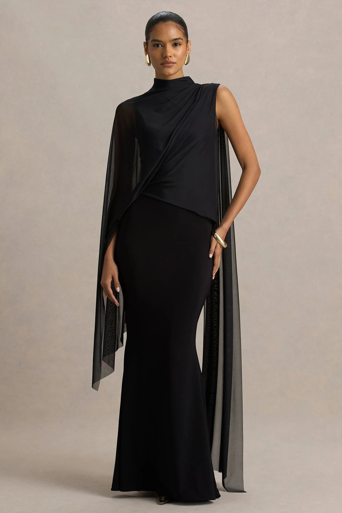 Amour Black High Neck Maxi Dress With Cape Sleeve Detail