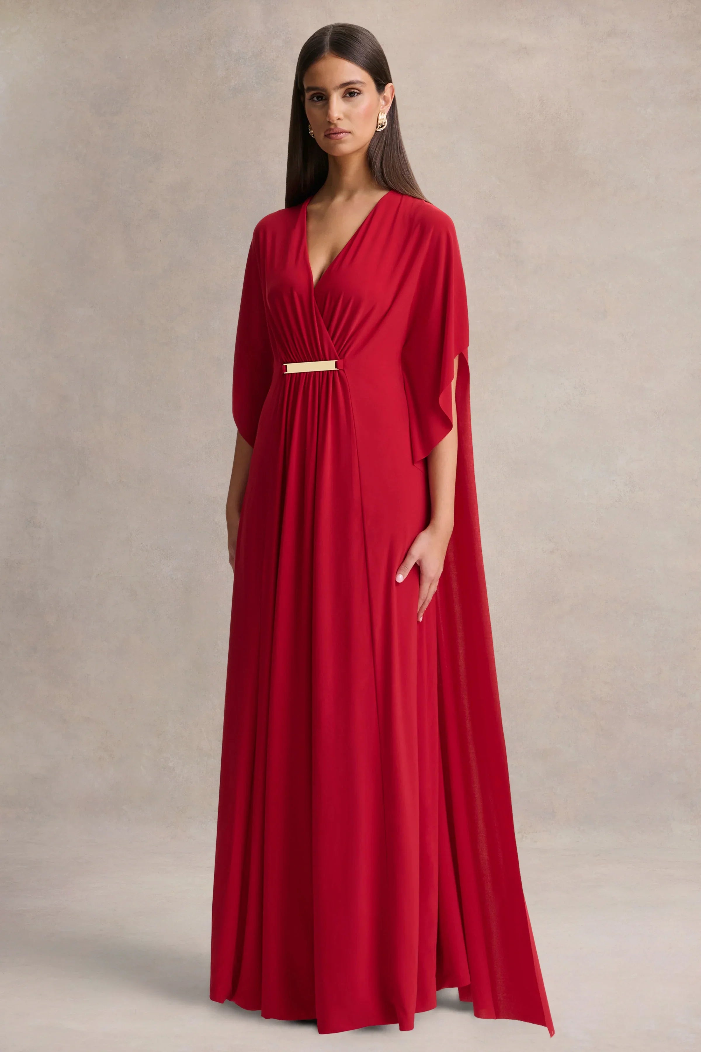 Romilly Red Plunge Neck Maxi Dress With Gathered Detail