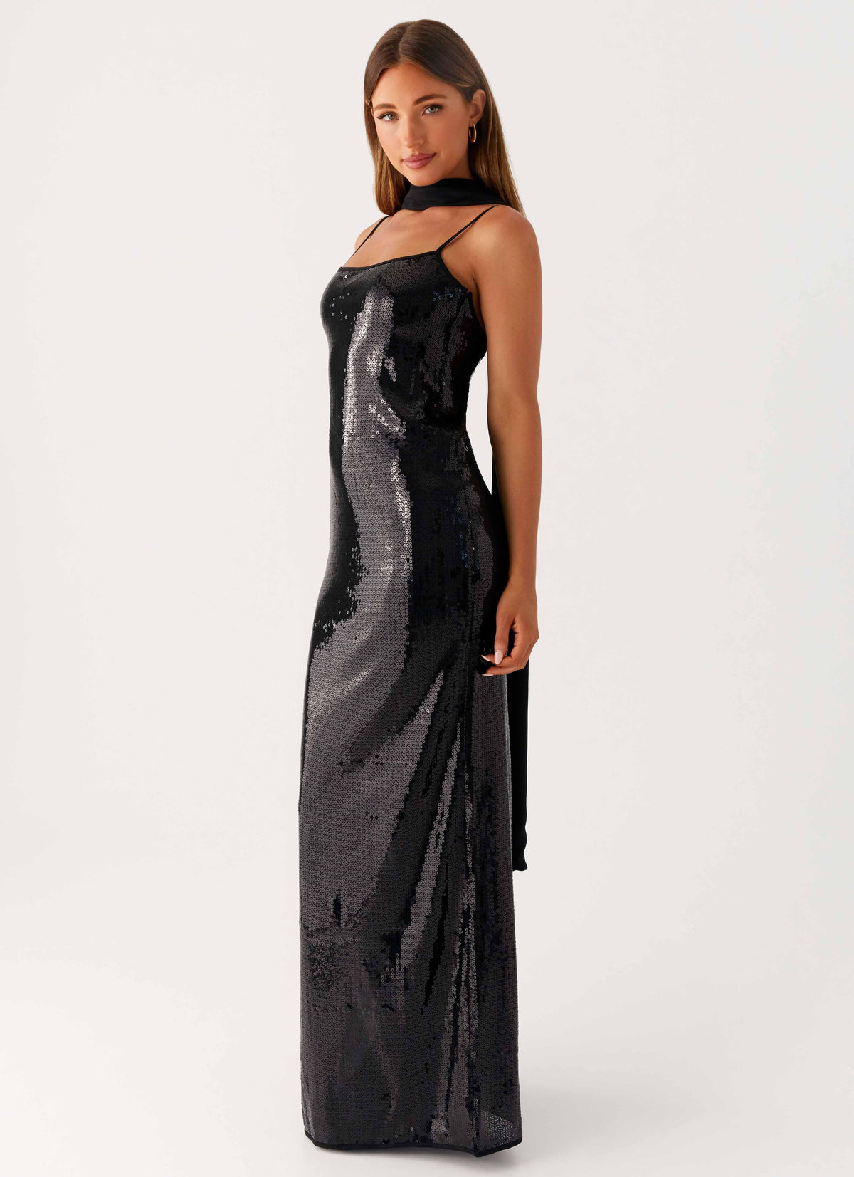 Scarf Neck Sequins Maxi Dress Black