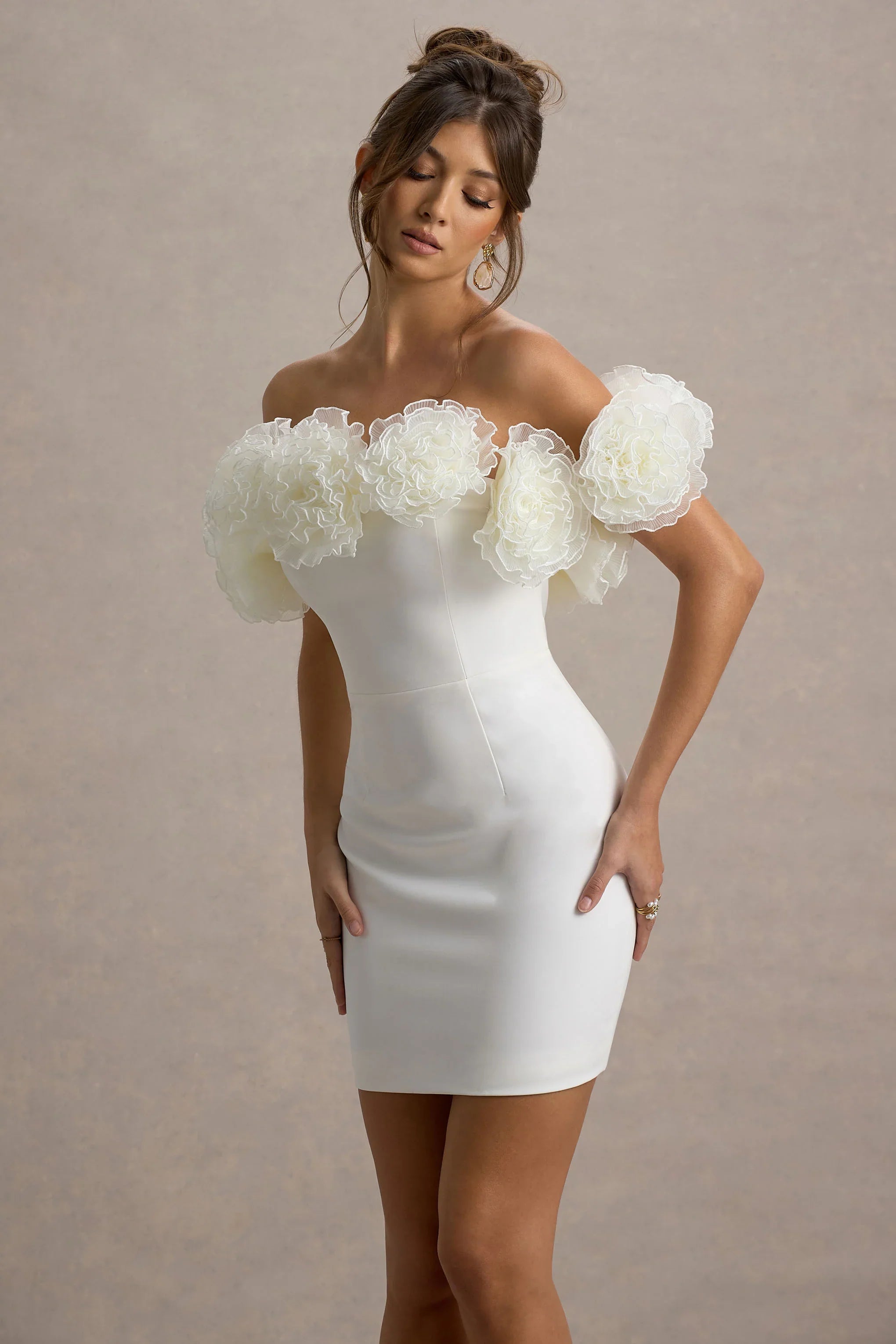 Von White Bardot Mini Dress With Ruffle Trim