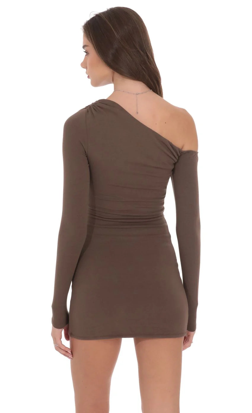 Off Shoulder Long Sleeve Dress in Taupe