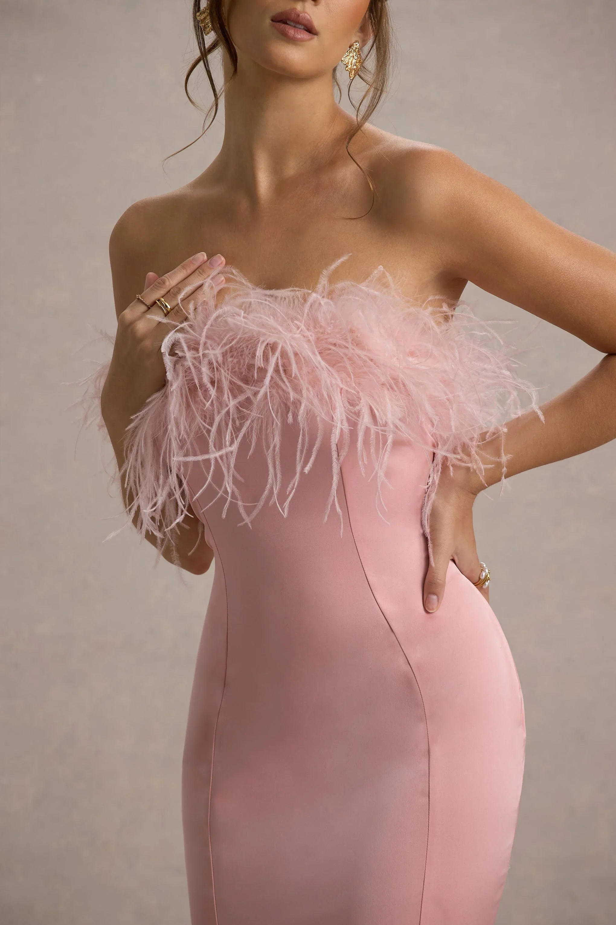 One And Only Light Pink Satin Feather Trim Bandeau Midi Dress
