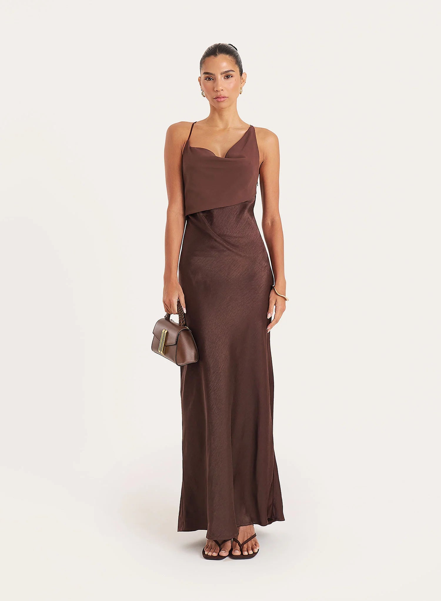 Chocolate Cowl Neck Satin And Chiffon Maxi Dress