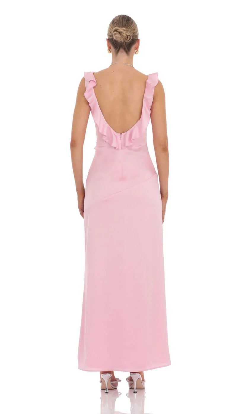 Satin V Neck Open Back Maxi Dress in Pink