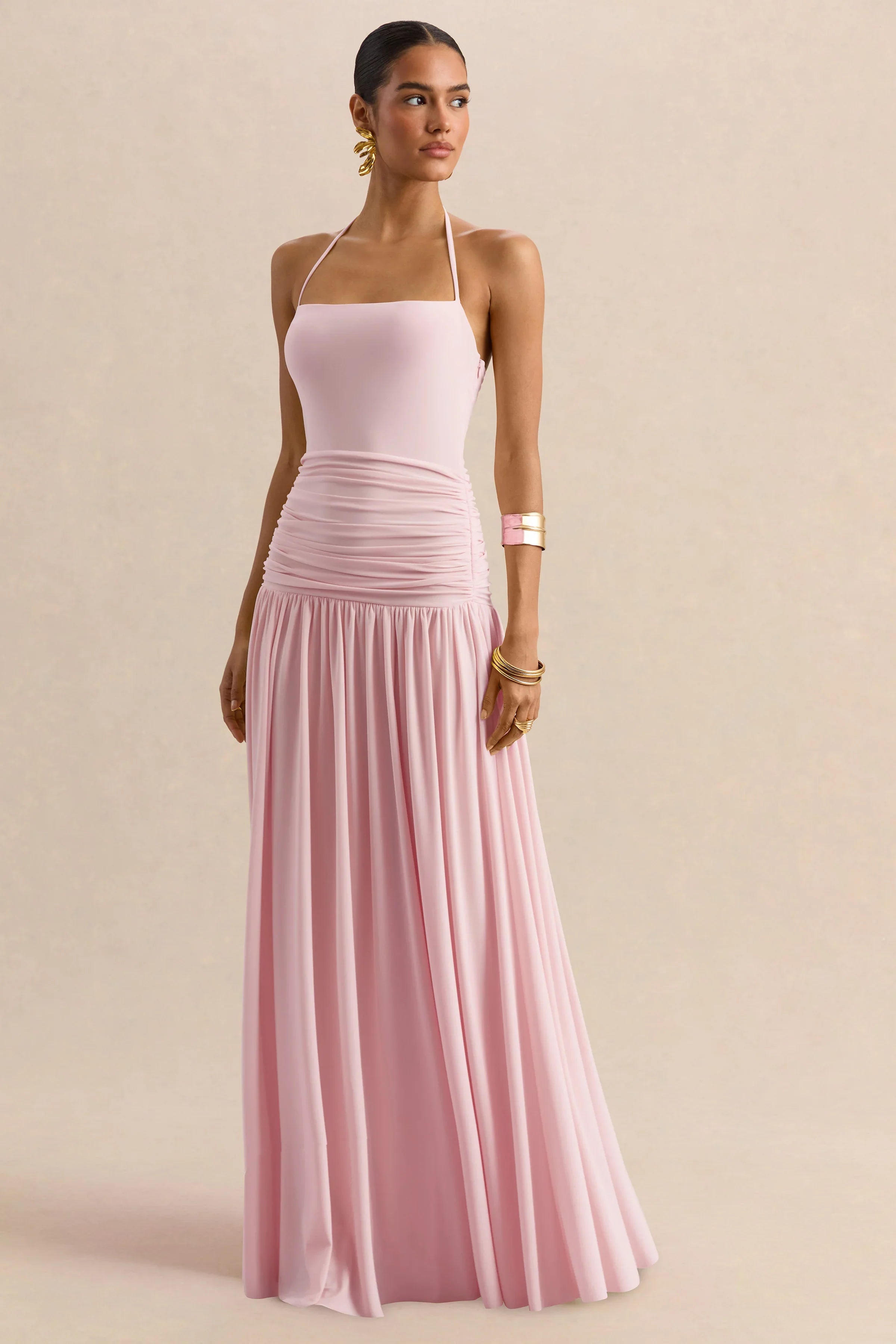 Nicolette Pink Square Neck Maxi Dress With Ruched Detailing