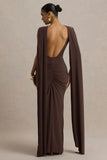 Premiere Brown Boat Neck Maxi Dress With Cape Sleeves And Open Back