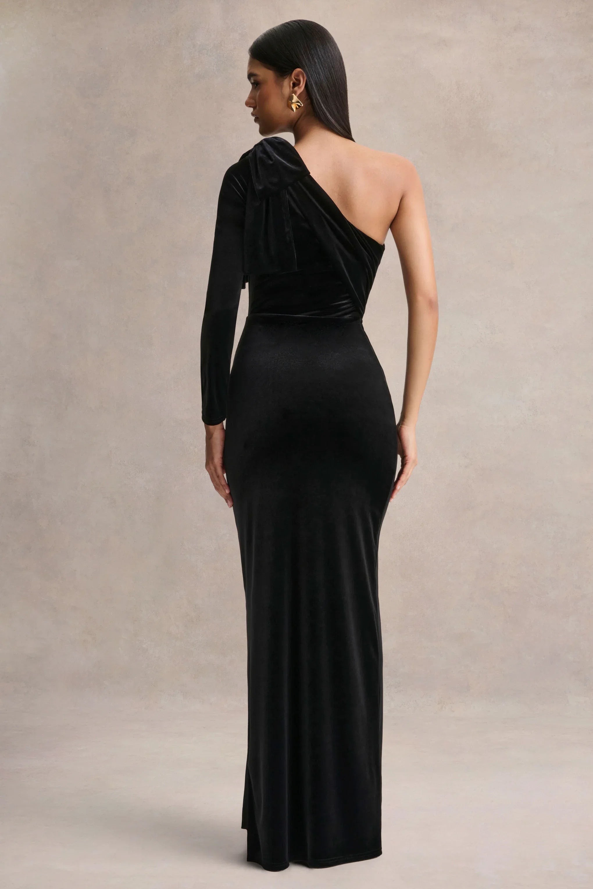 Farryn Black Asymmetric Neck Maxi Dress With Bow Detail