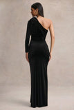 Farryn Black Asymmetric Neck Maxi Dress With Bow Detail