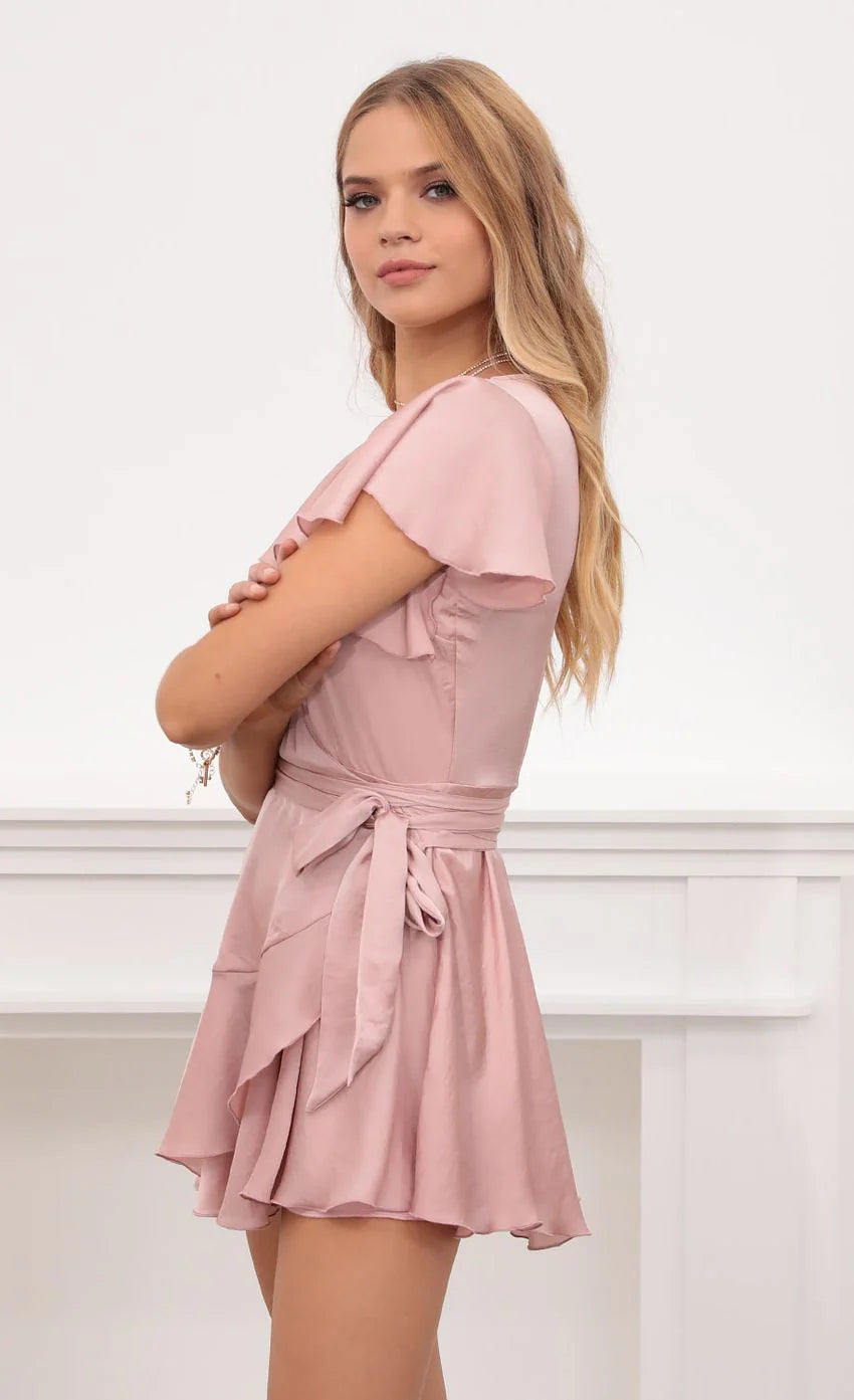 Satin Wrap Dress in Blush