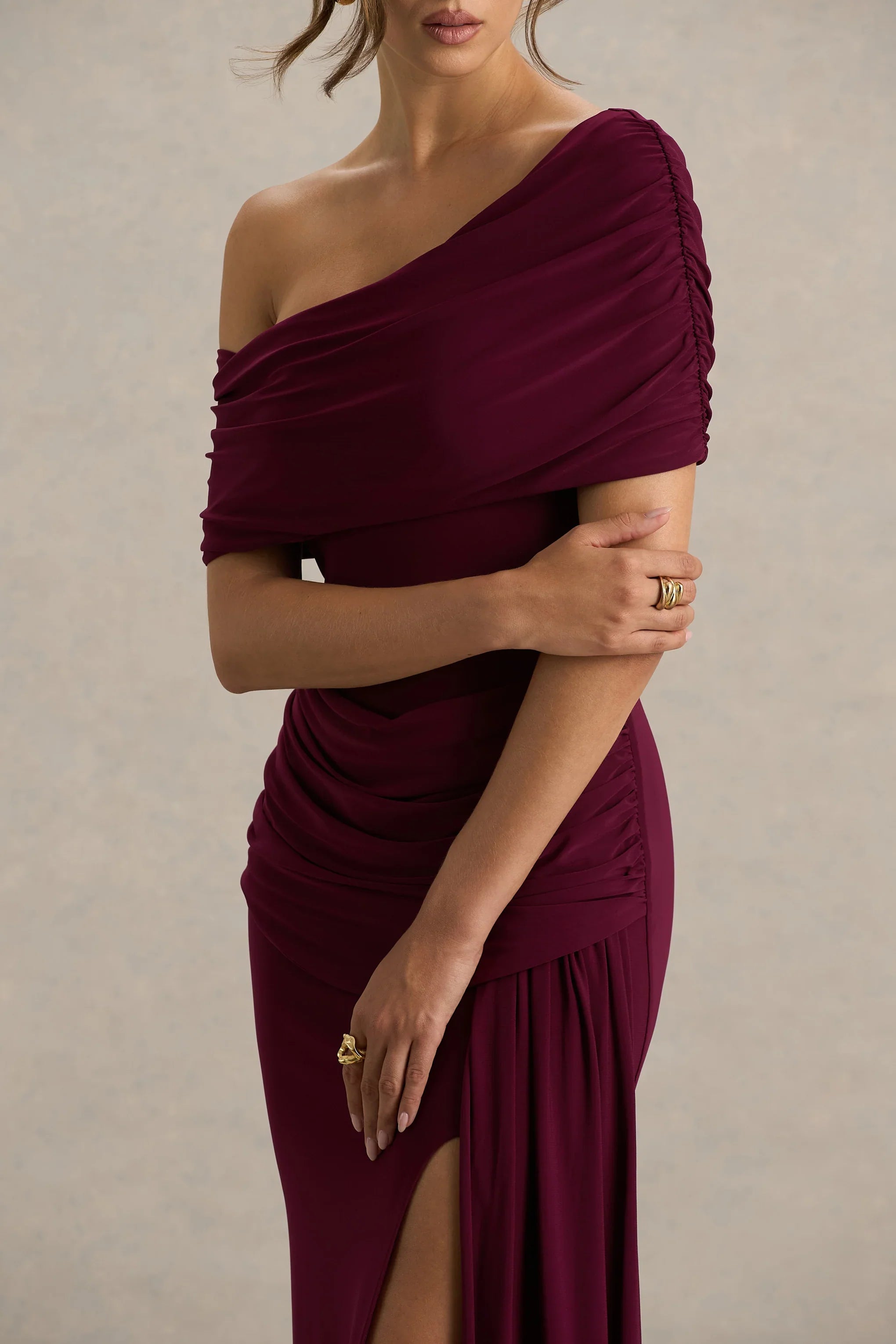 Dynasty Burgundy Asymmetric Neck Maxi Dress With Ruched Detailing And Front High Split
