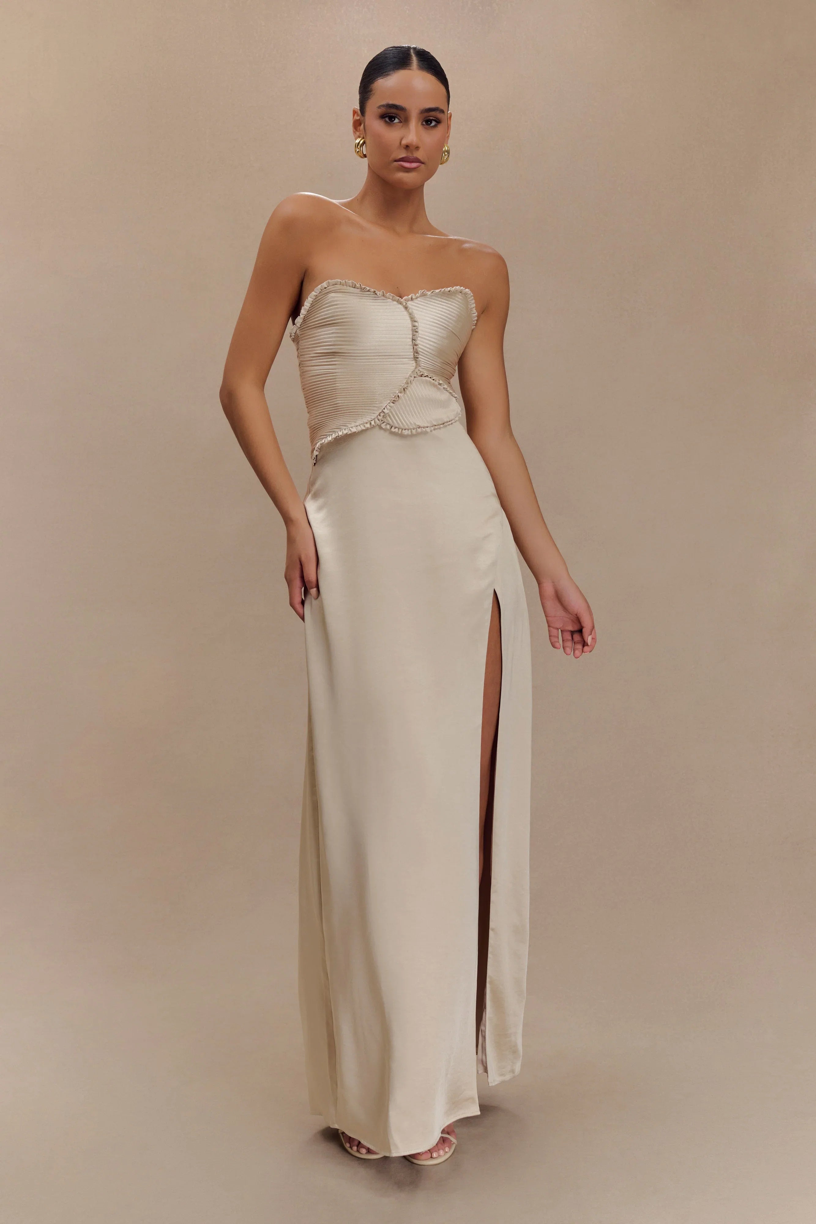 Larissa Satin Maxi Dress With Ruched Petals Blush Gold