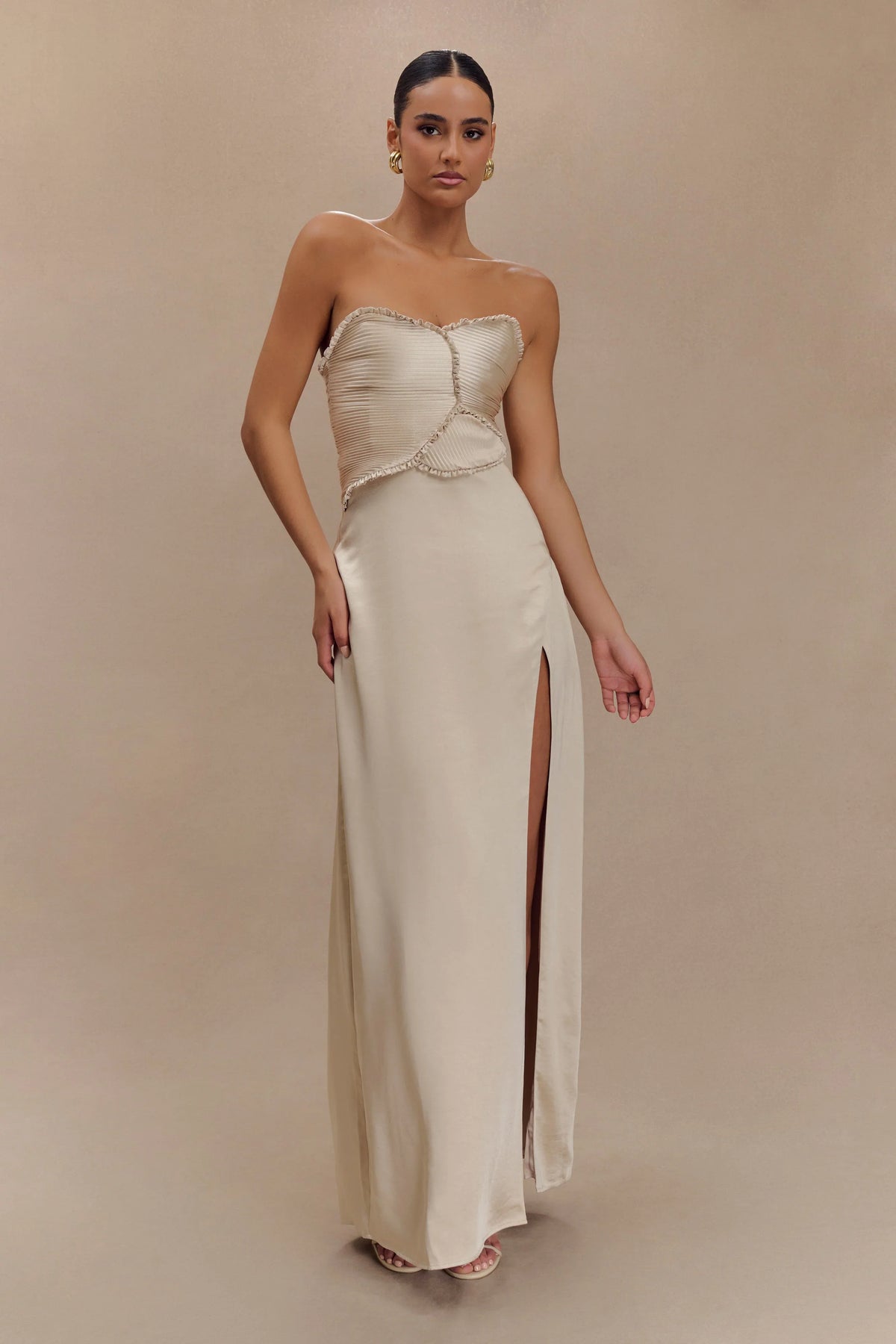 Larissa Satin Maxi Dress With Ruched Petals Blush Gold