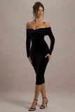 Compliment Black Velvet Bardot Midi Dress