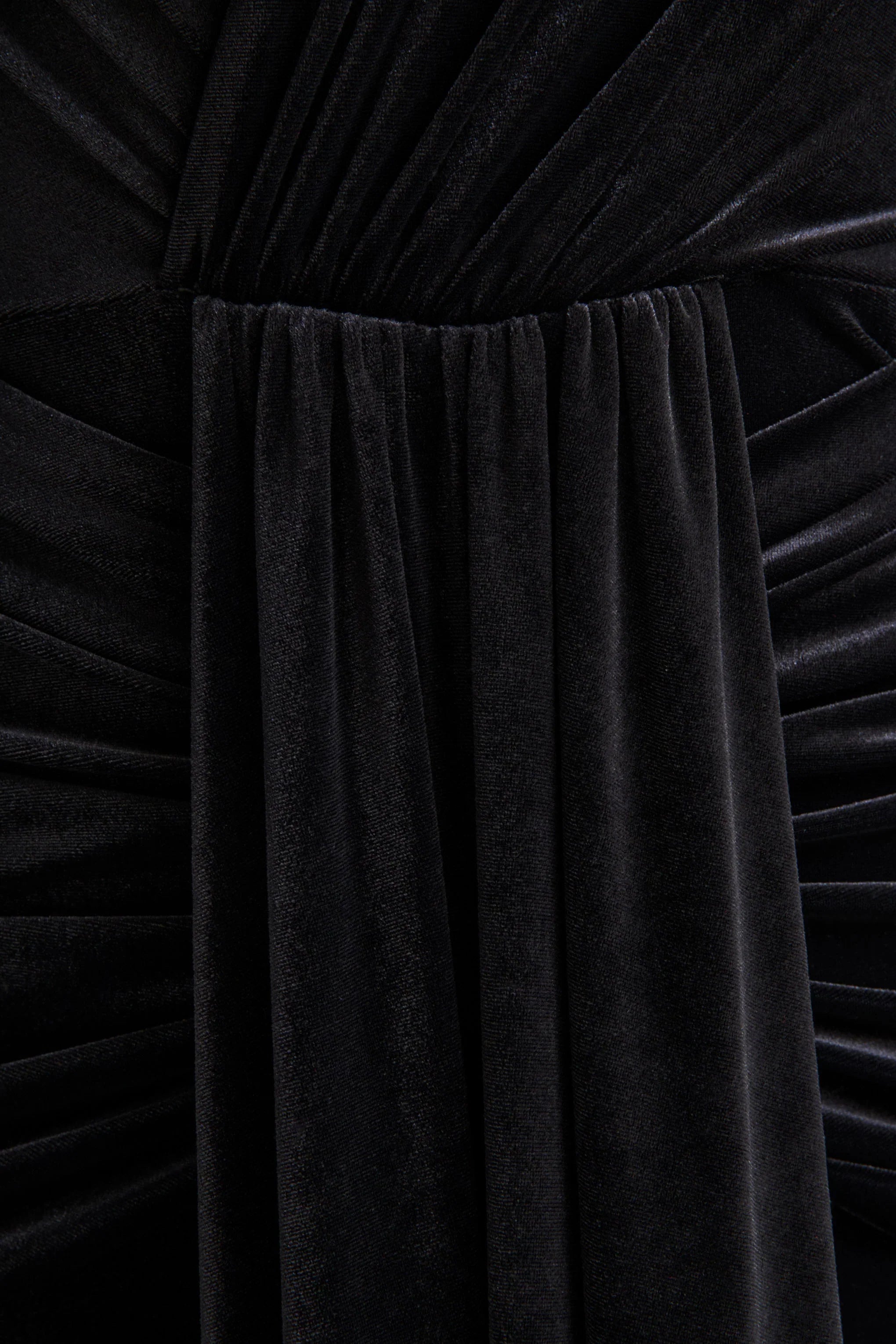 Halima Black Velvet Plunge Neck Maxi Dress With Gathered Detailing