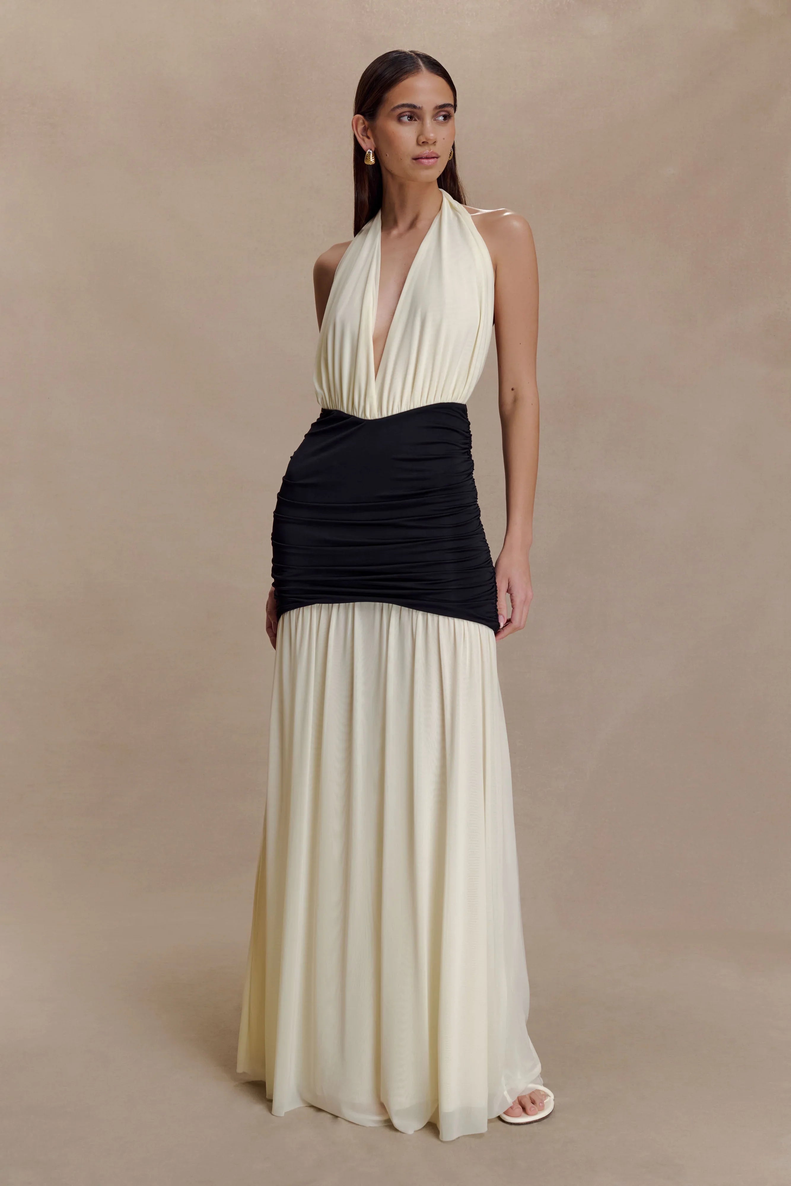 Hailee Slinky And Mesh Halter Maxi Dress Black White