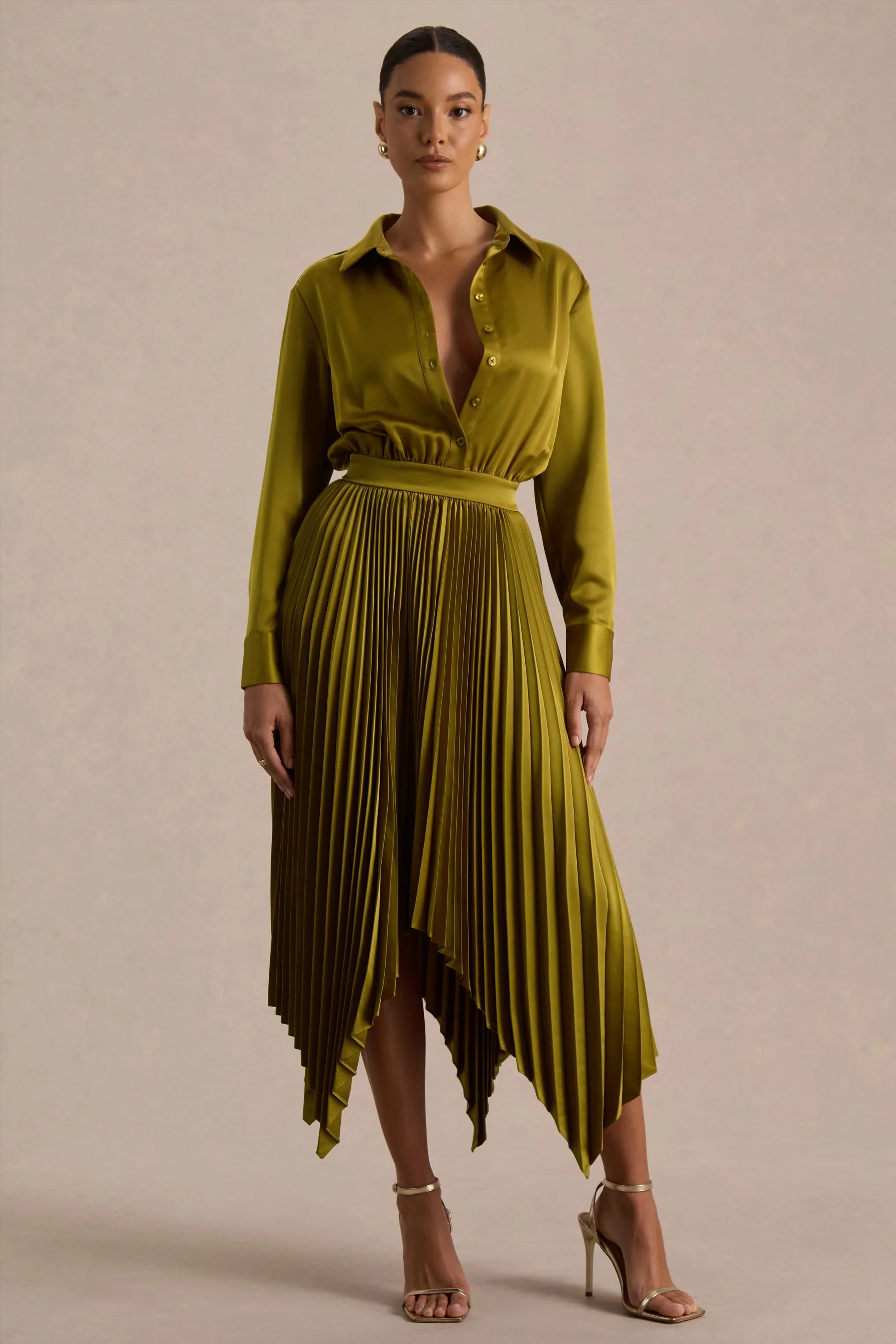 Naxos Olive Satin Shirt Maxi Dress With Pleated Skirt