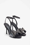 Bowing Black Satin Heeled Sandals With Diamante Bows