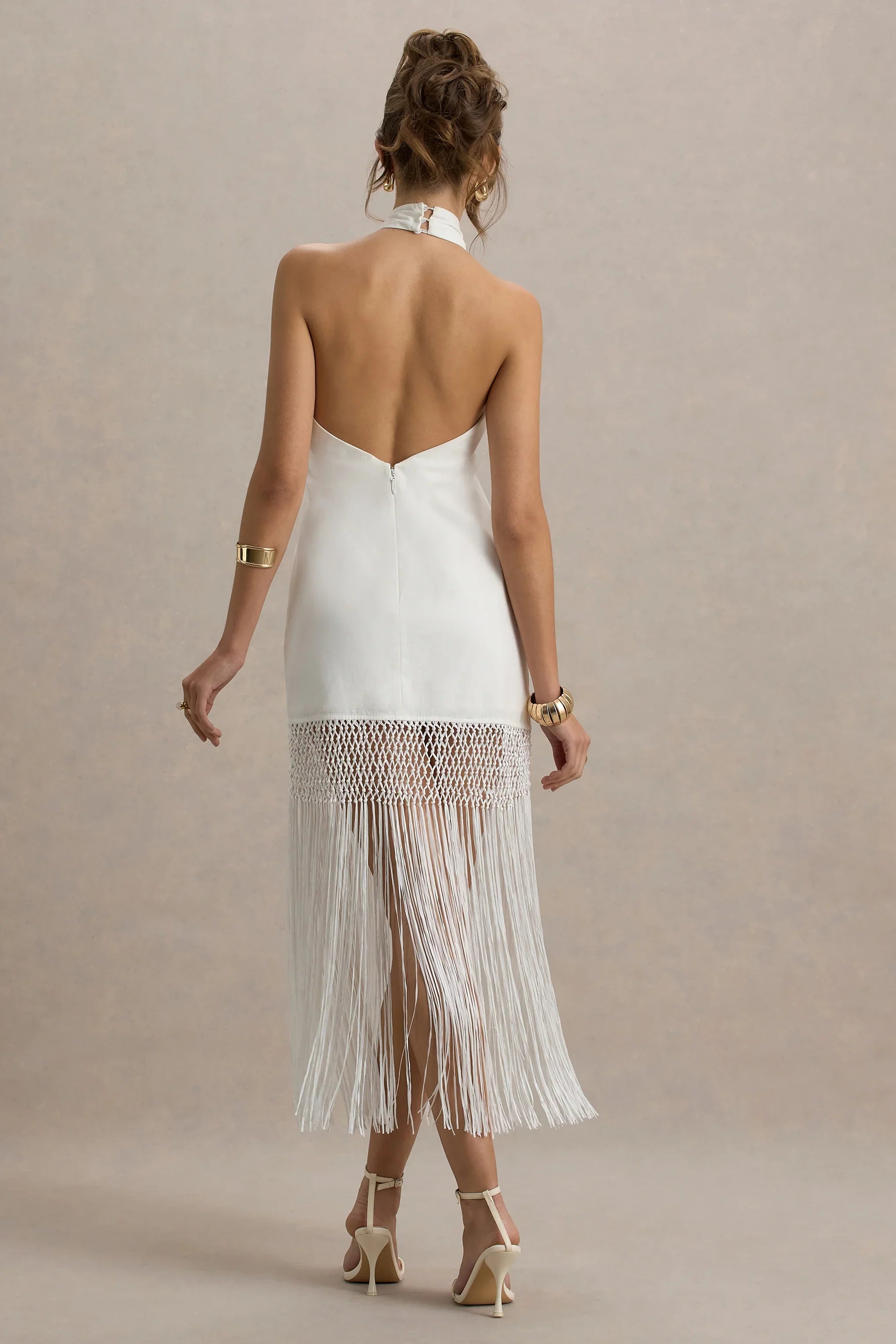 Fiametta Ecru Linen Halter Neck Fringe Maxi Dress