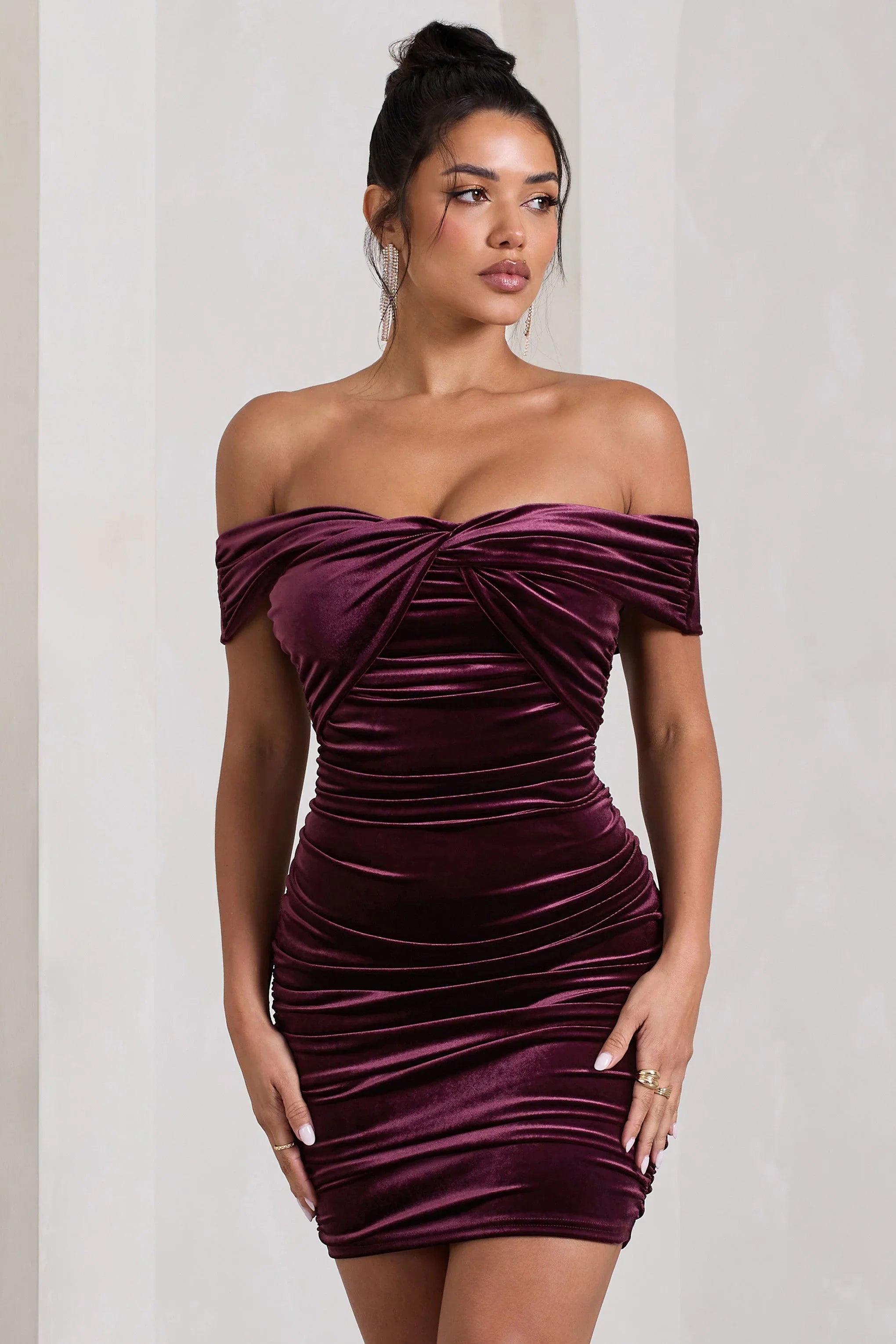 Appreciate Port Velvet Twisted Bardot Ruched Mini Dress