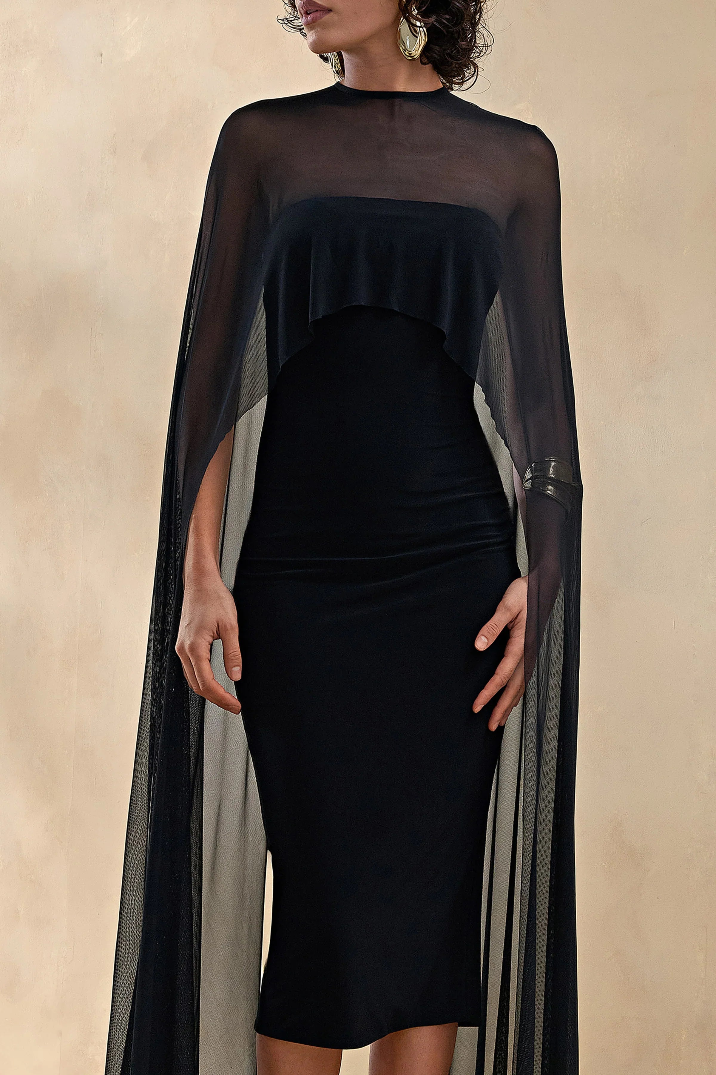 Filippa Black Crew Neck Midi Dress With Sheer Cape Sleeves