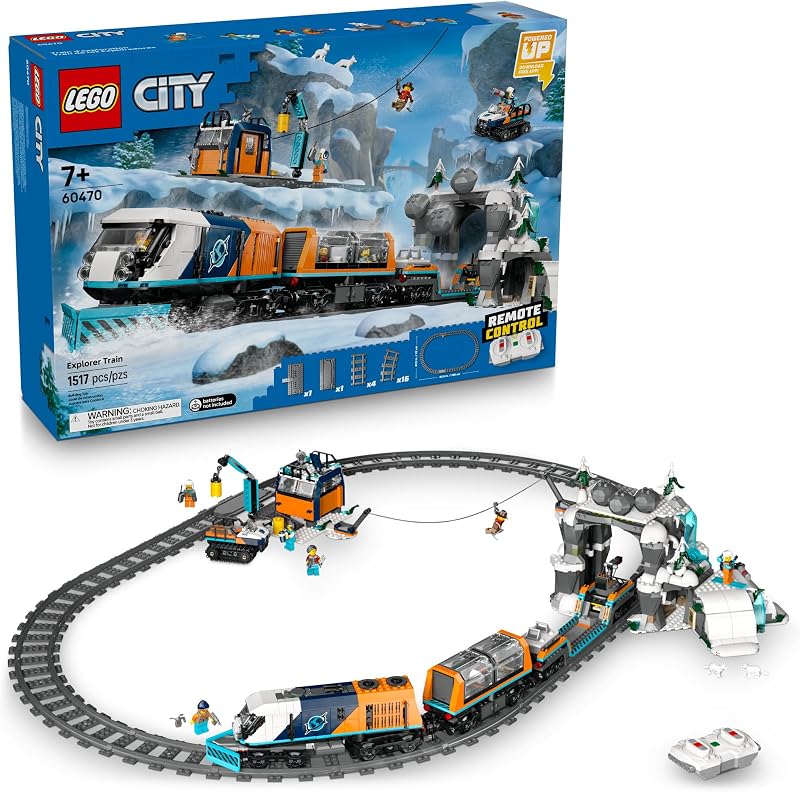 LEGO City Explorers Arctic Polar Express Train Set Building Learning Toys for Kids Remote Controlled Train for Boys Girls Ages 7 with 6 Explorer Minifigures Birthday Gift Idea 60470