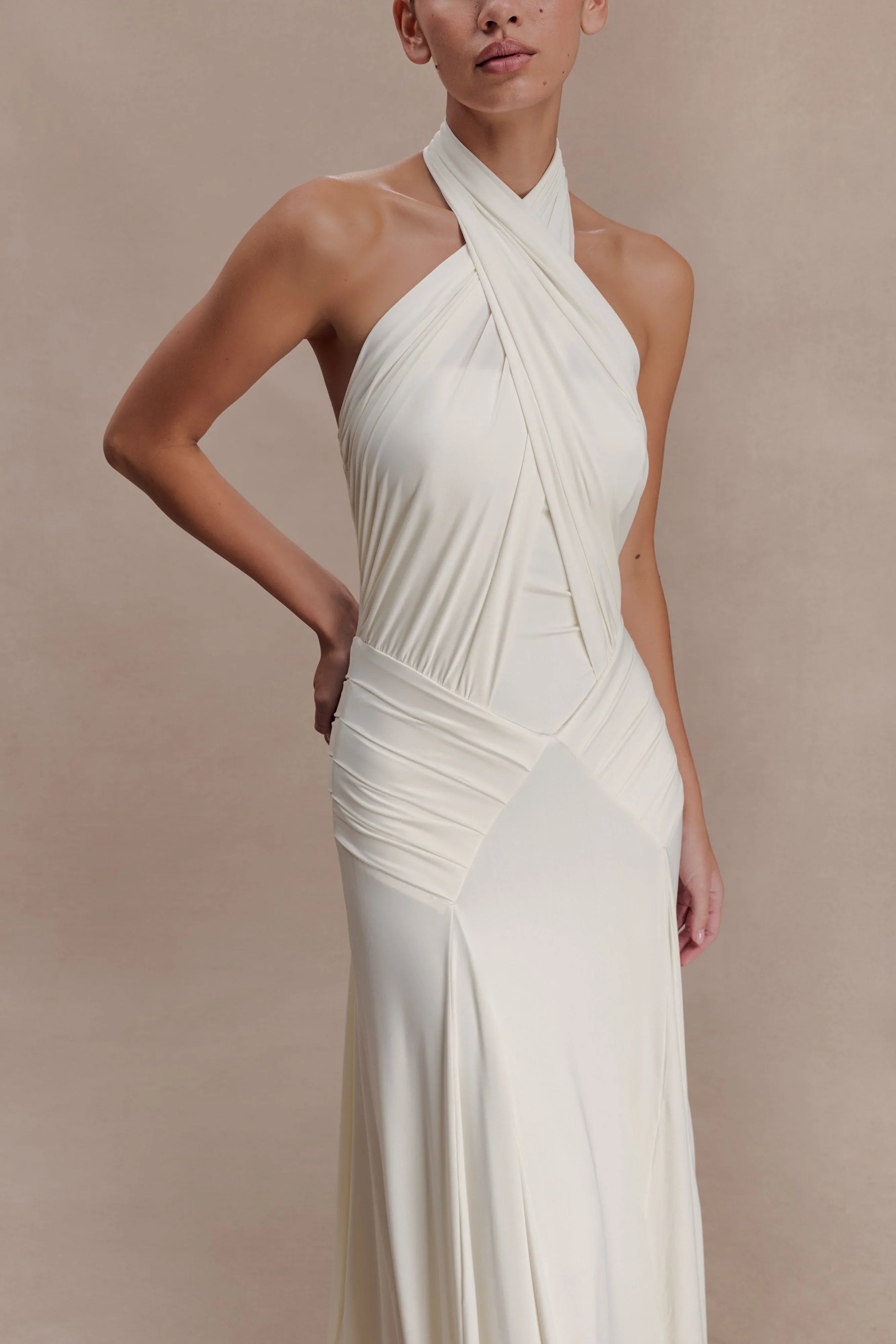 Indira Gathered Slinky Halter Maxi Dress Ivory