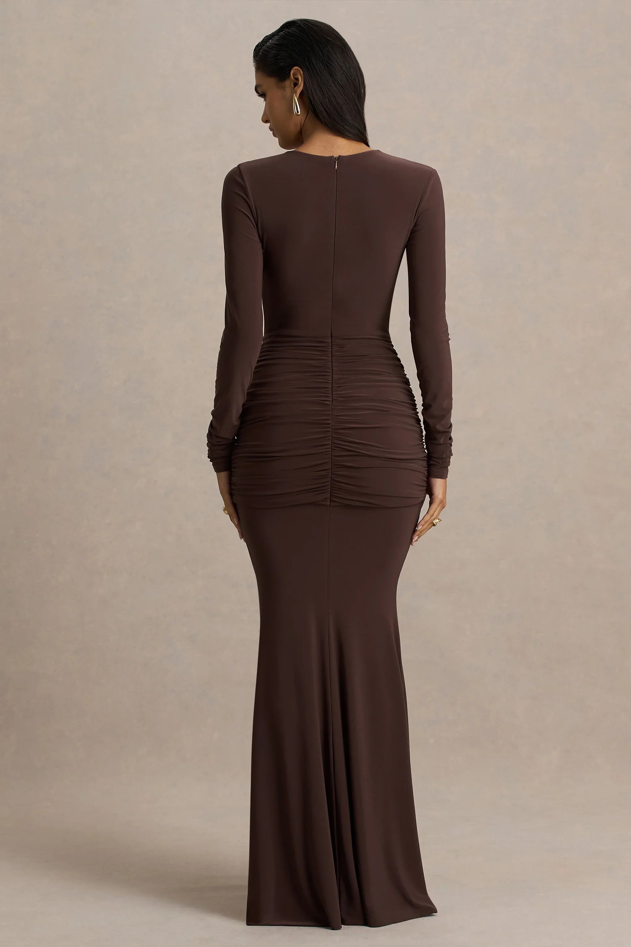 Saffie Chocolate Extreme Plunge Wrap Maxi Dress With Long Sleeves And Ruched Detailing