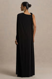 Cressida Black Asymmetric Neck Maxi Dress With Cape And Gold Detail