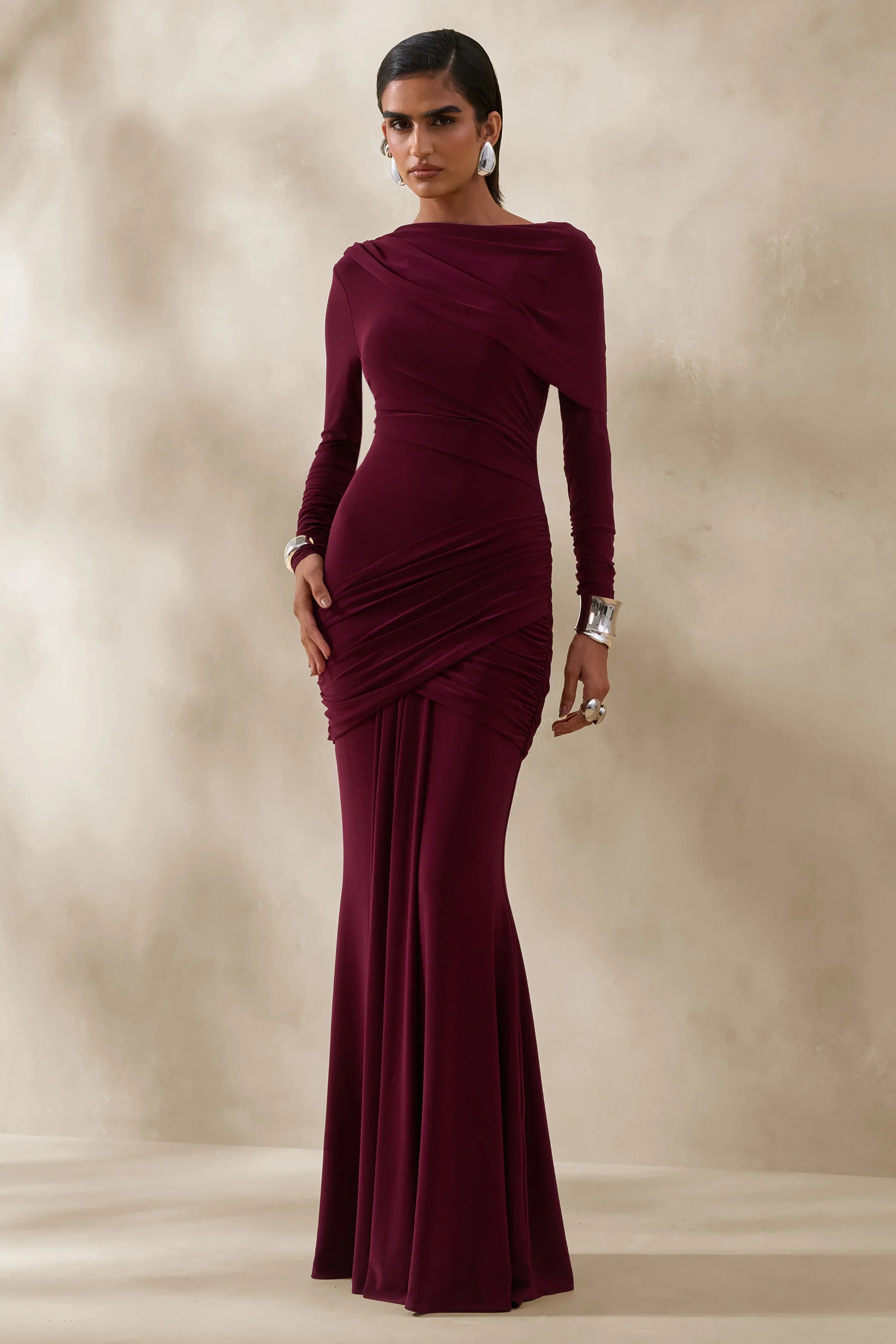 Kessara Burgundy Asymmetric Neck Maxi Dress With Sash And Gathered Detailing