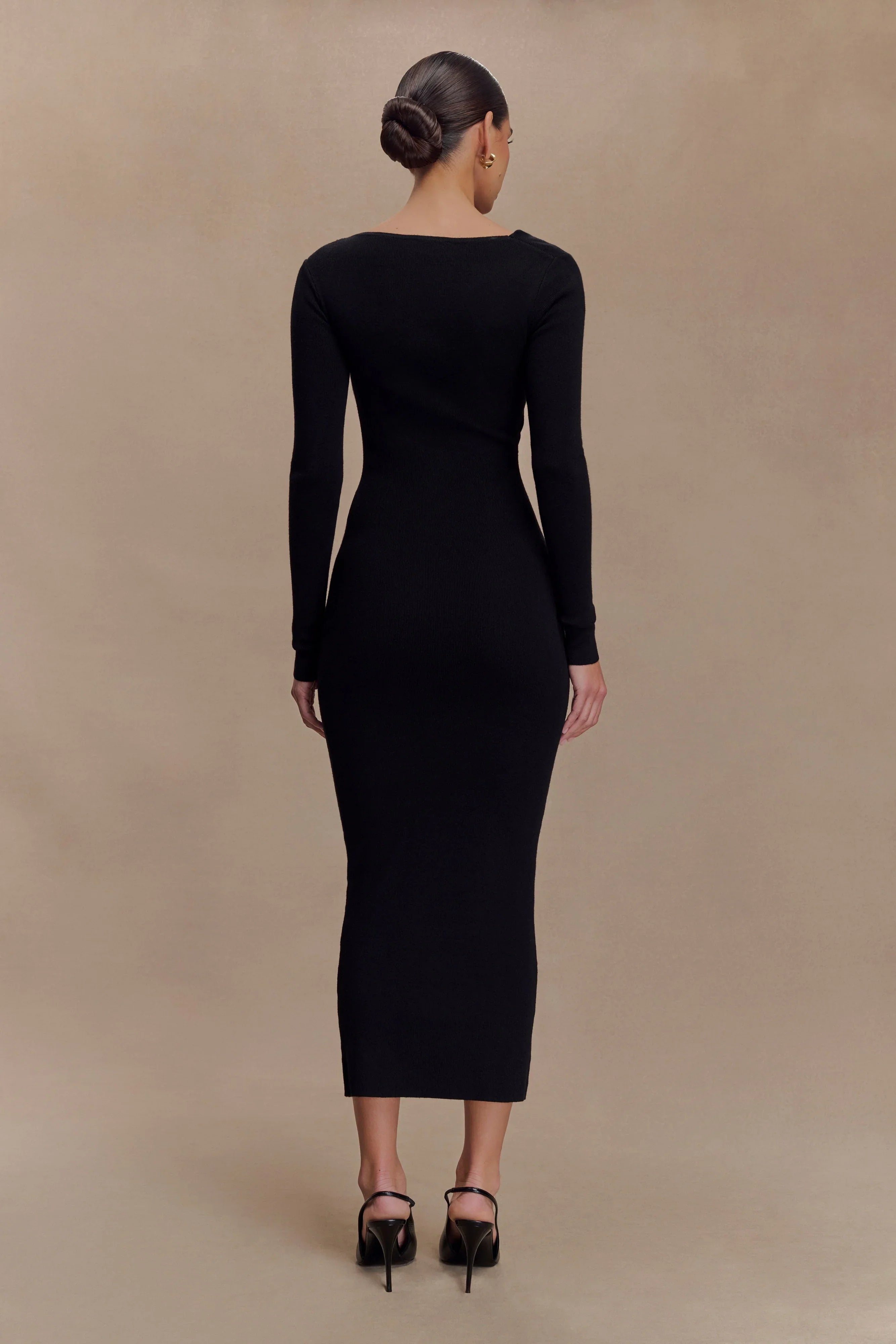 Culver Draped Twist Knit Midi Dress Black