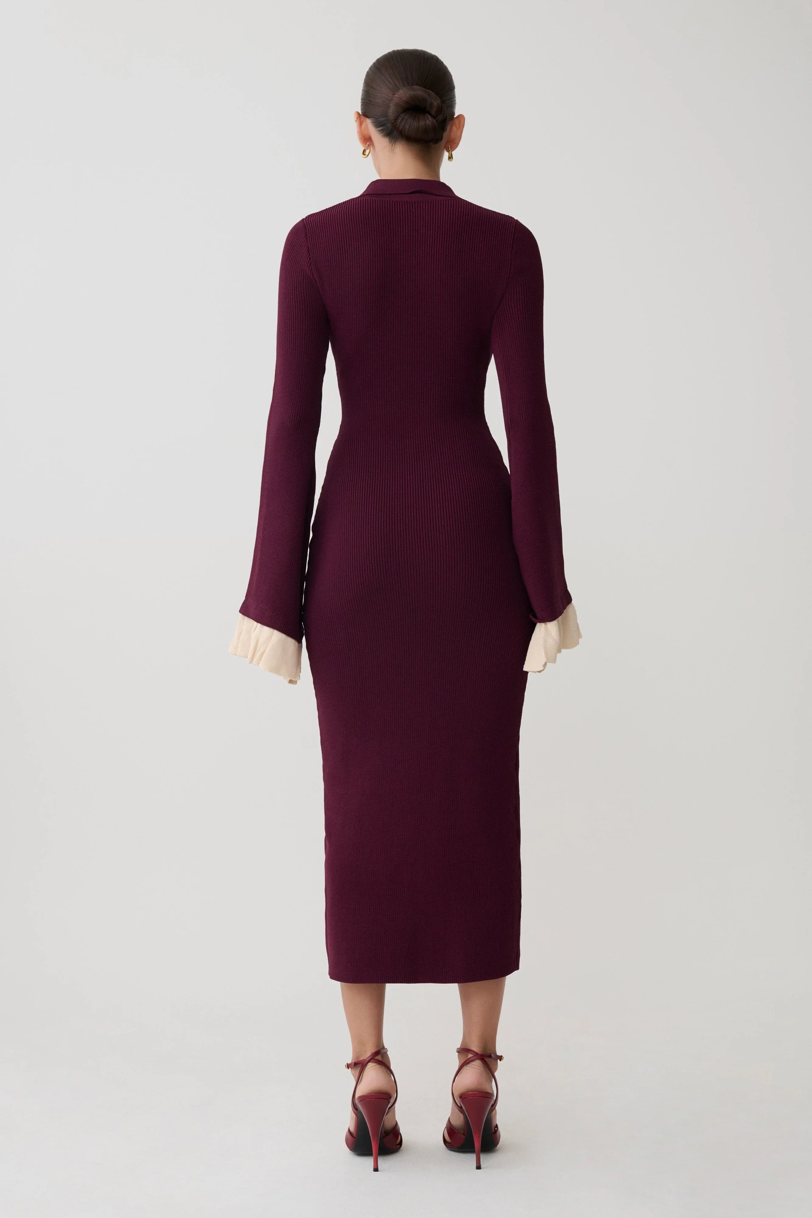 Amirose Ruffle Knit Midi Dress Plum