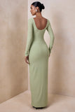 Matilda Light Green Boat Neck Maxi Dress With Ruched Detailing