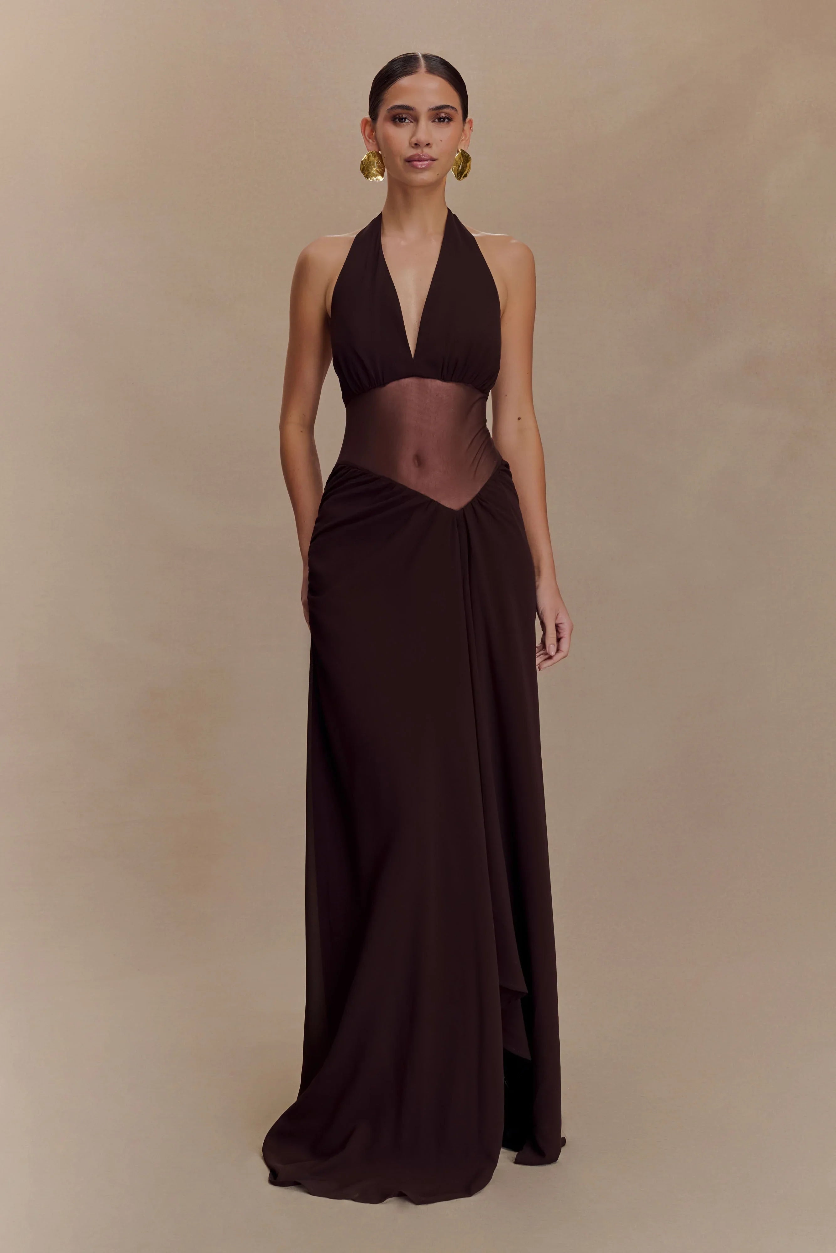 Jonna Chiffon And Mesh Maxi Dress Dark Chocolate