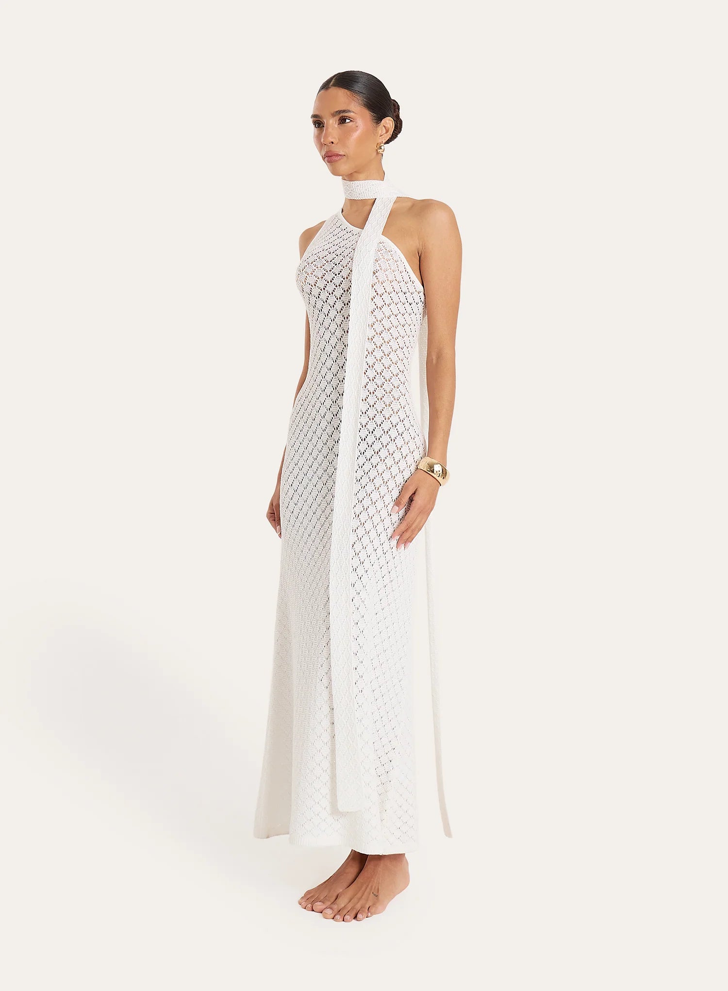 White Crochet One Shoulder Scarf Neck Maxi Dress
