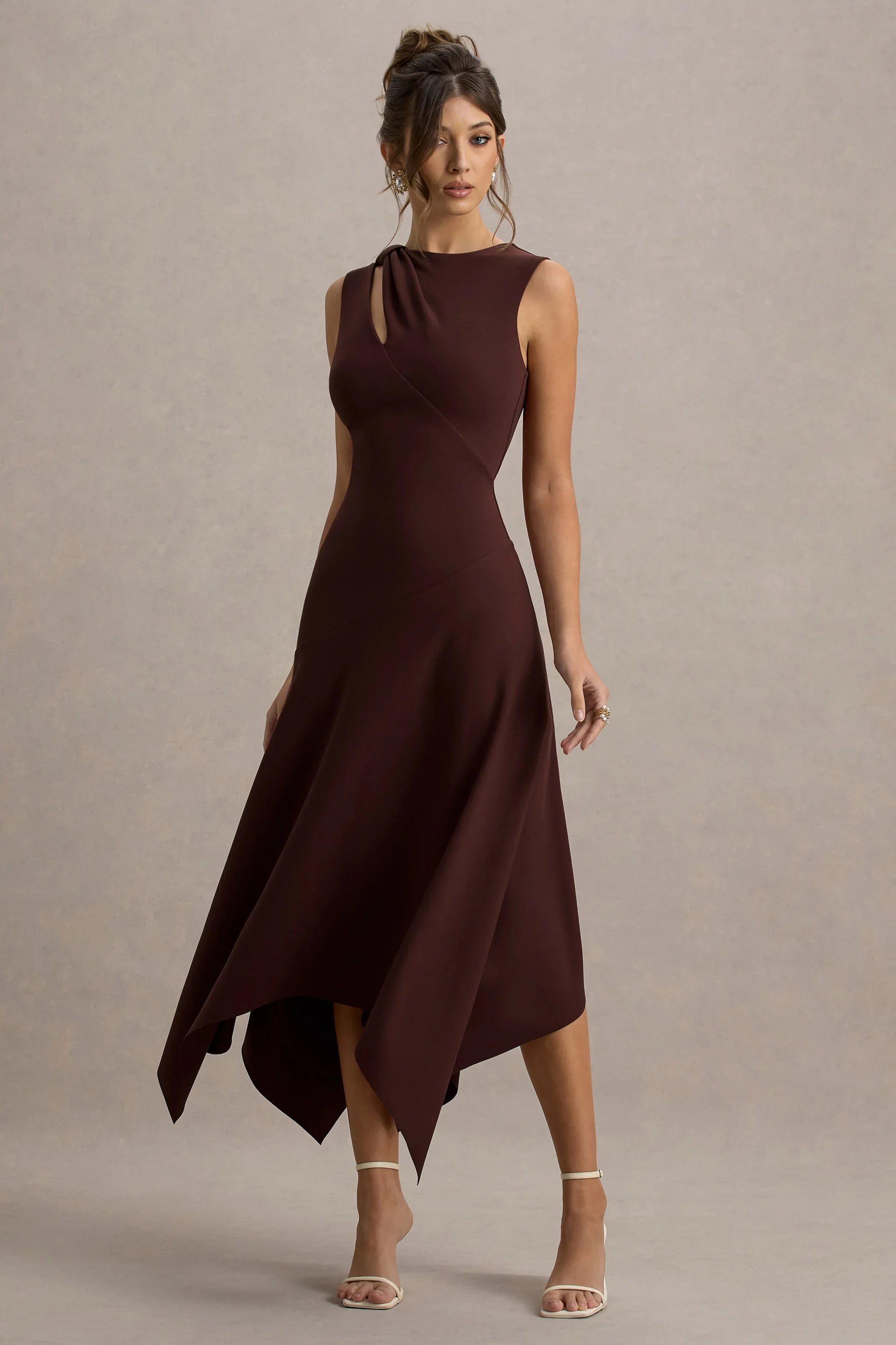 Francesca Brown Knotted Midi Dress With Handkerchief Hem