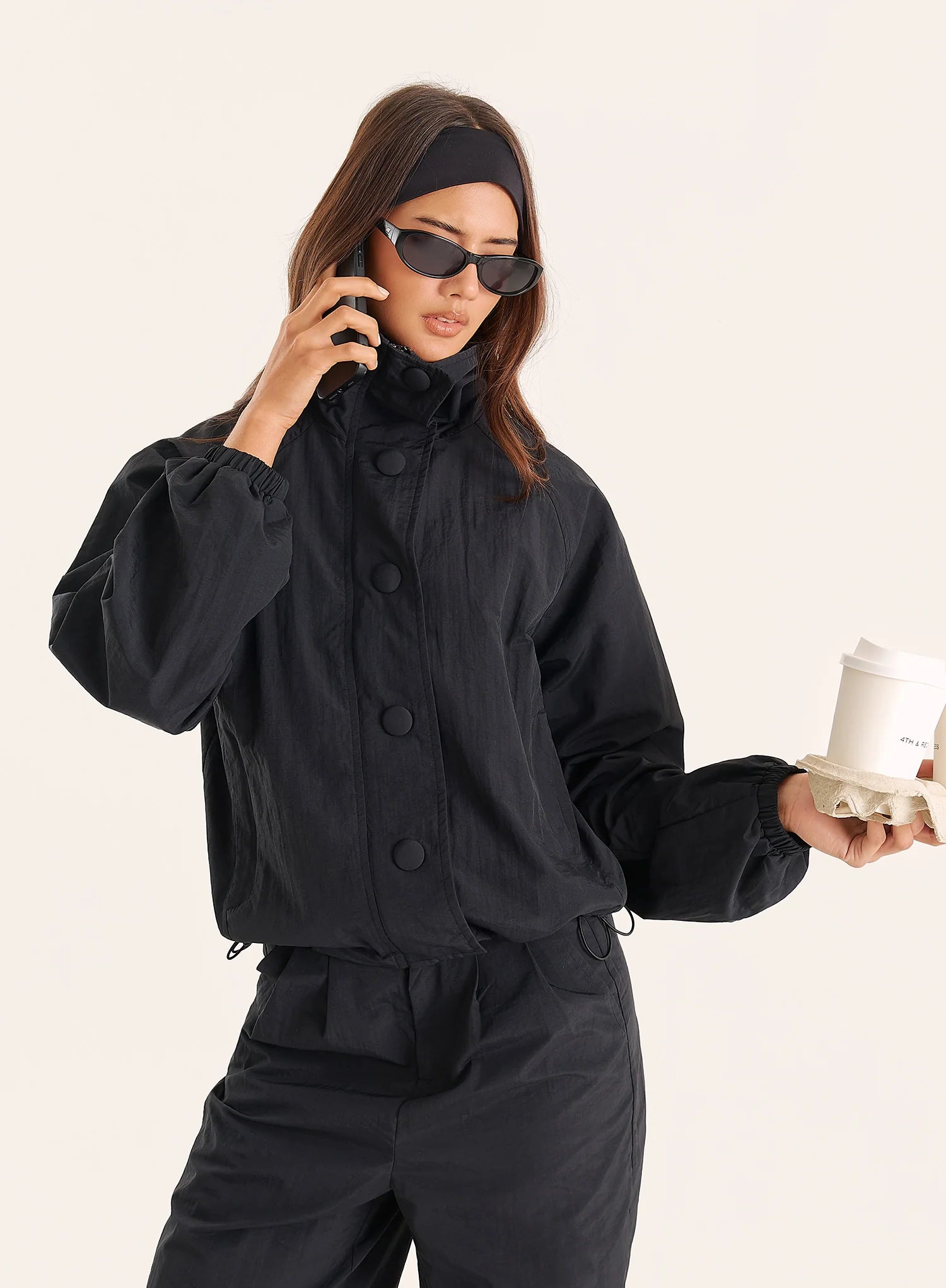 Black Funnel Neck Windbreaker Jacket