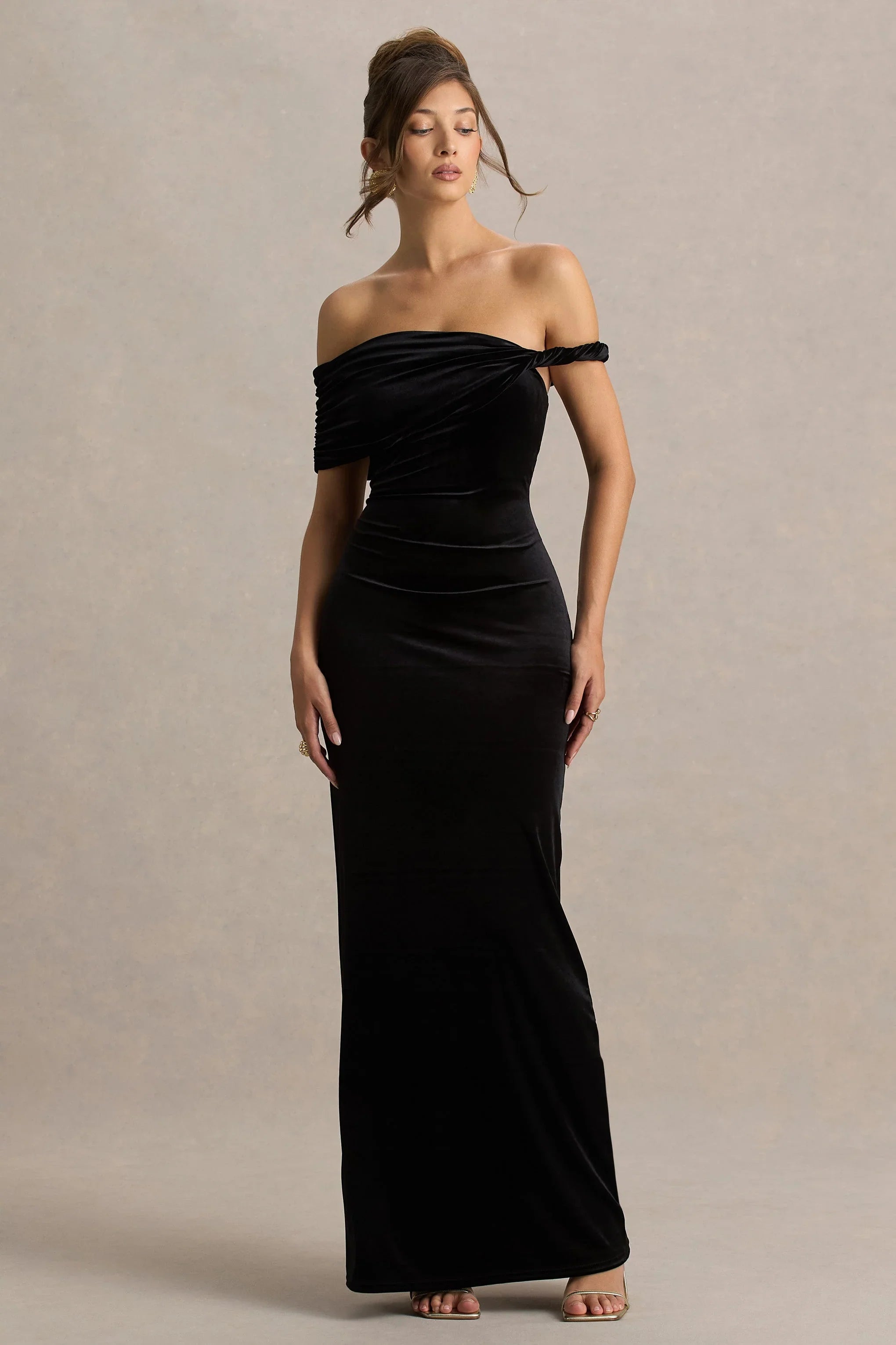 Poised Black Velvet Bardot Neck Maxi Dress With Twist Sleeve
